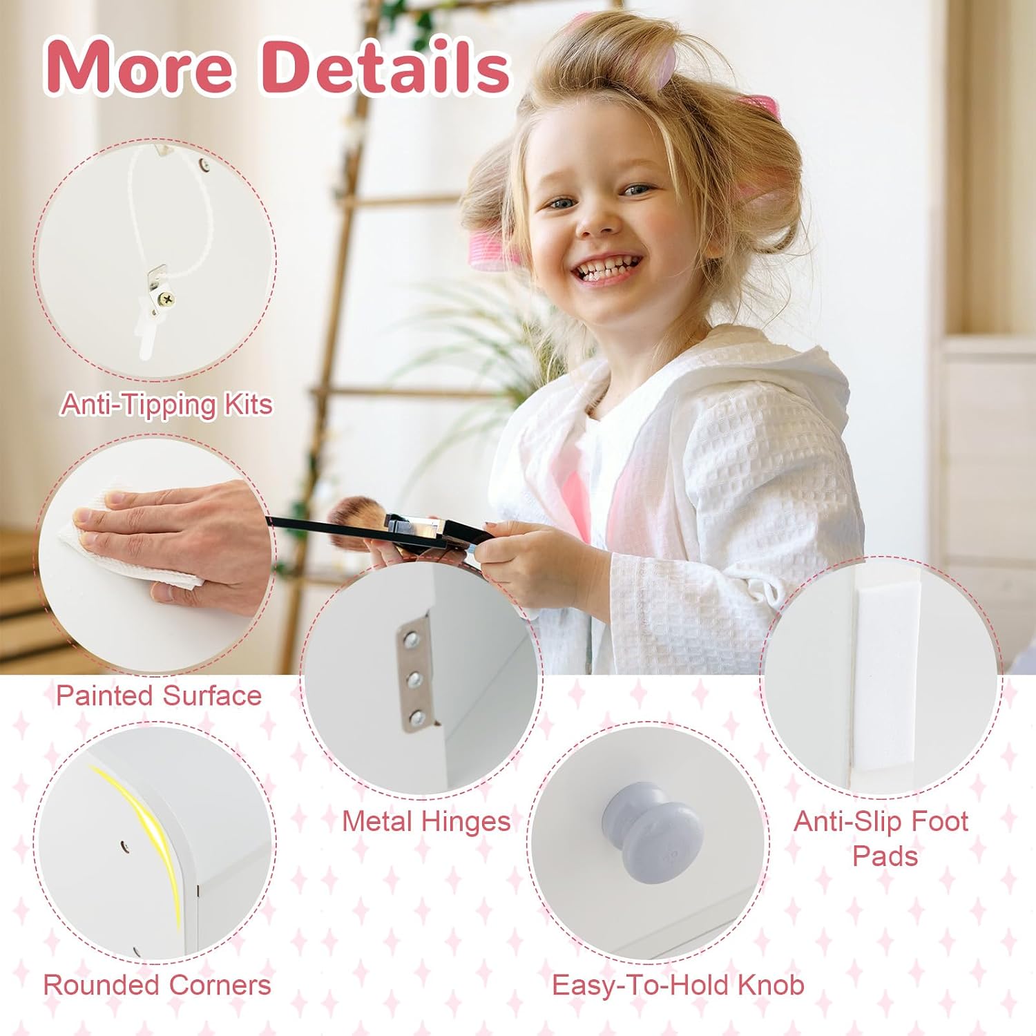 HONEY JOY Kids Vanity with Lights, Little Girls Vanity Set with Mirror and Stool and Lights, Wooden Princess Makeup Dressing Table, Storage Cabinet, Pretend Play Kids Vanity Table and Chair Set(White)