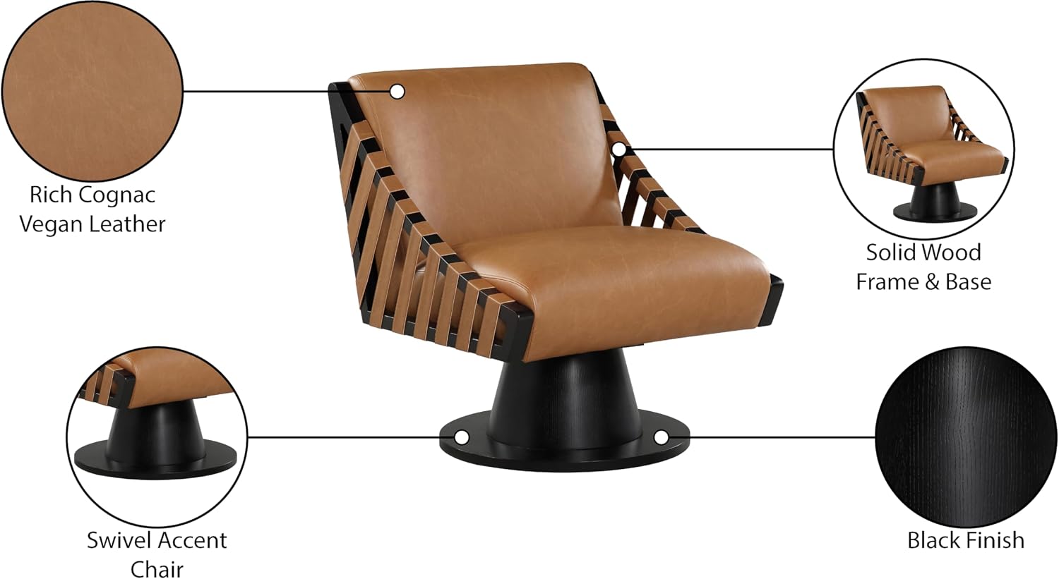 Meridian Furniture 33002Cognac Millwin Collection Art Deco Swivel Accent Chair with Rich Cognac Vegan Leather, Black Finish, Solid Wood Frame and Base, 28' W x 30' D x 32.5' H, Cognac