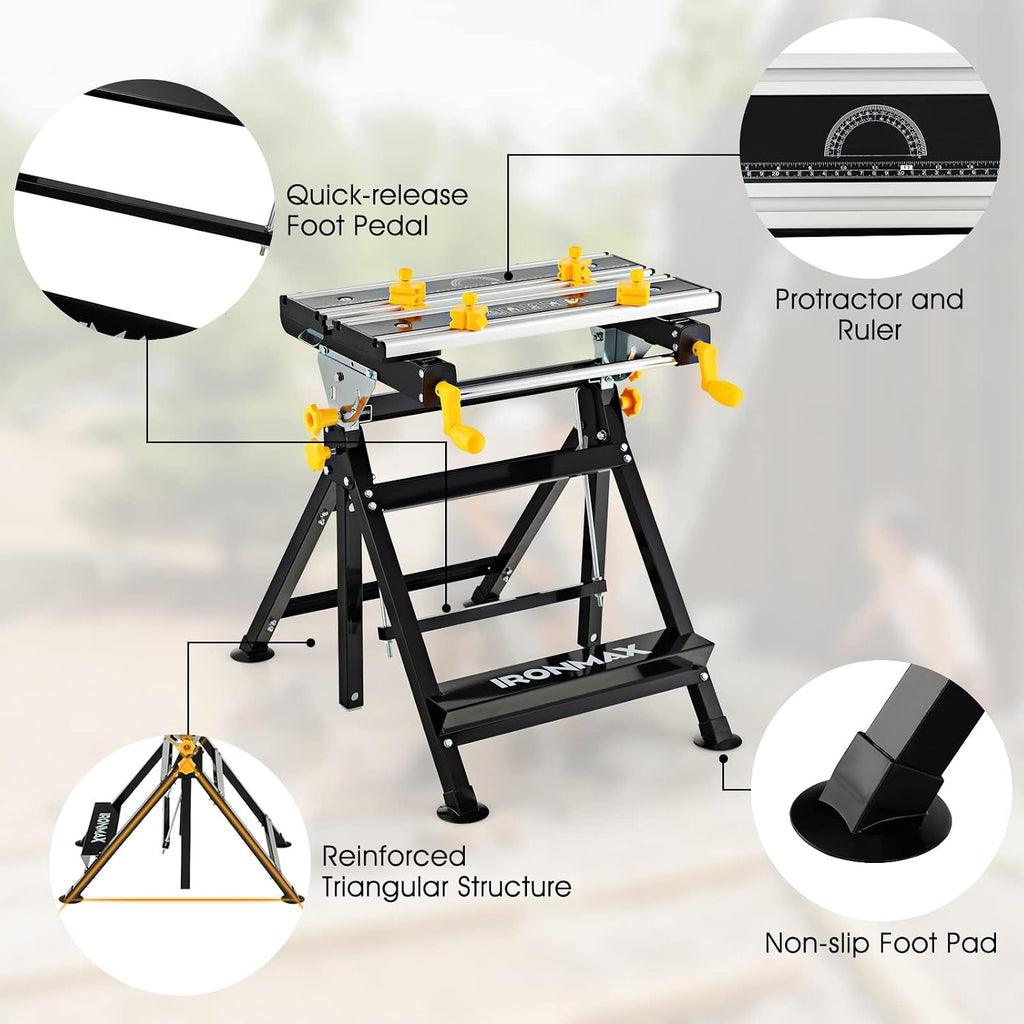 Portable Workbench, Folding Work Bench and Vise with 2 Rotary Handles, 7-Level Adjustable Height, 8 Sliding Clamps, Tiltable & Extendable Tabletop, Workbench Table for Garage, Workshop