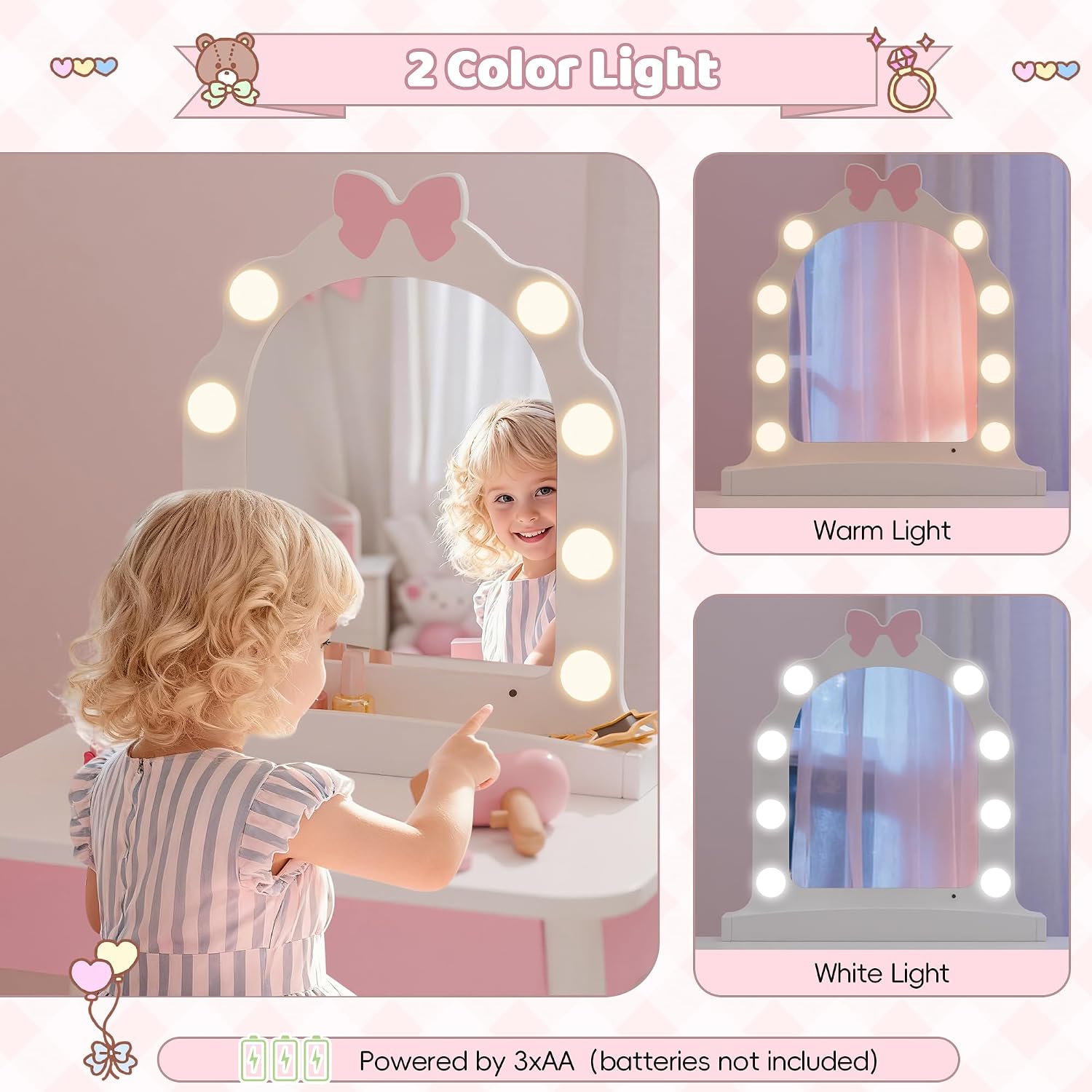 Kids Vanity Set with Light and Barber Chair, White Pink Makeup Dressing Vanity Table with Storage Shelf and Hair Salon Play Set 7 pcs Accessories, Pretend Play Vanity Set for Toddler Girls