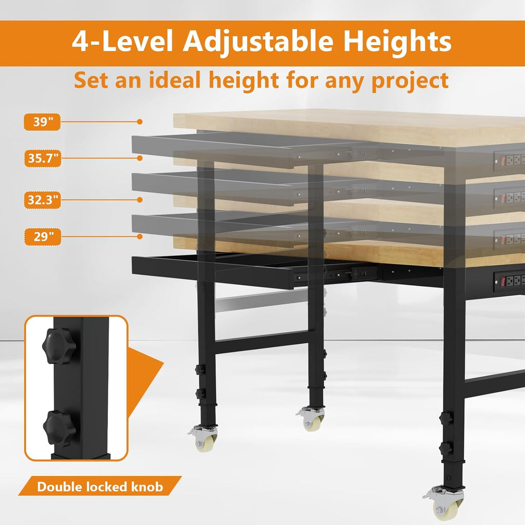 48' Heavy Duty Work Bench with Drawers, Adjustable Height Workbench with Wheels, 2000 LBS Capacity Work Table with Power Outlets for Garage, Workshop, Office, Home