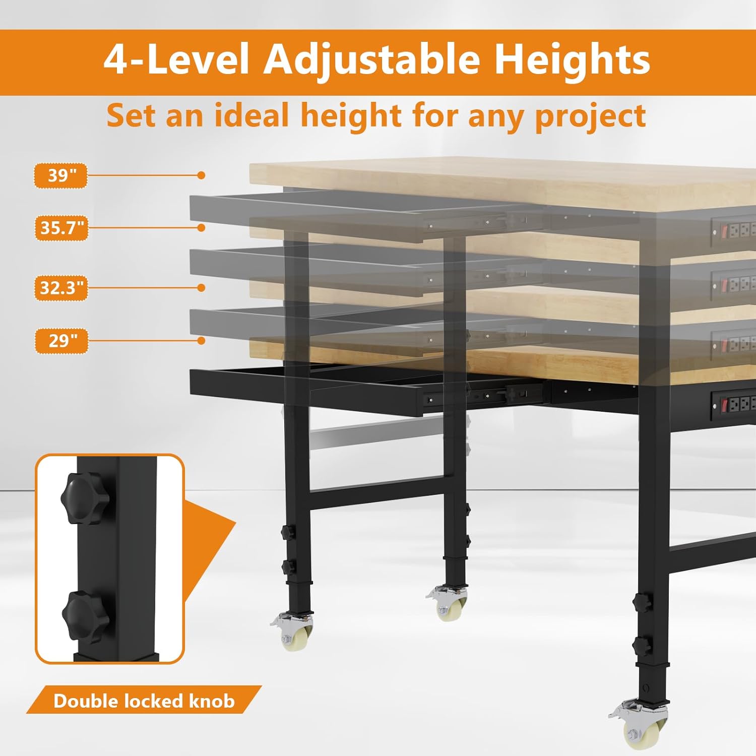 48' Heavy Duty Work Bench with Drawers, Adjustable Height Workbench with Wheels, 2000 LBS Capacity Work Table with Power Outlets for Garage, Workshop, Office, Home