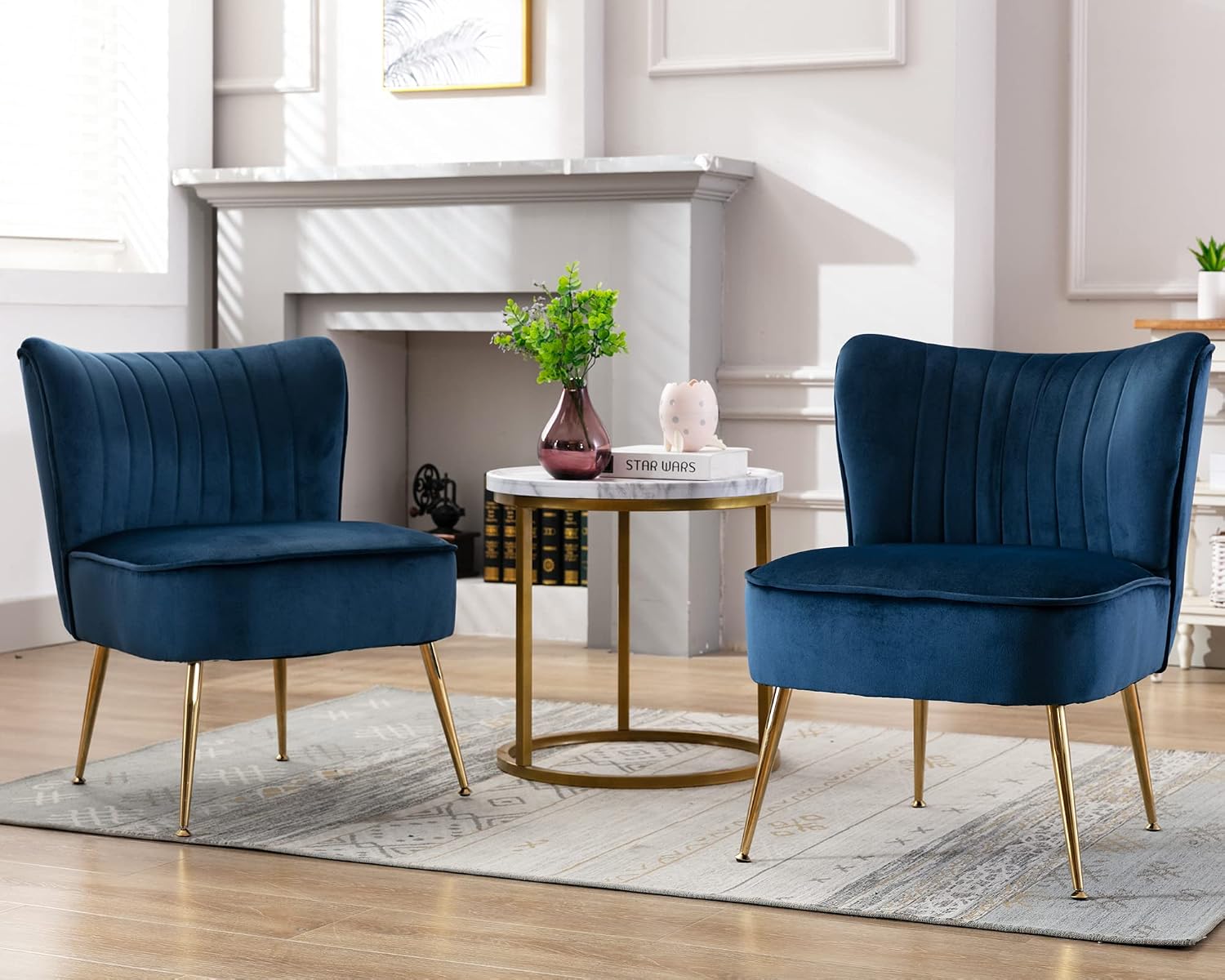 Velvet Accent Chair Set of 2 Comfy Living Room Chair Armless Slipper Chair Mid Century Side Single Sofa Chair with Golden Legs Wingback for Bedroom Guest Room, Blue