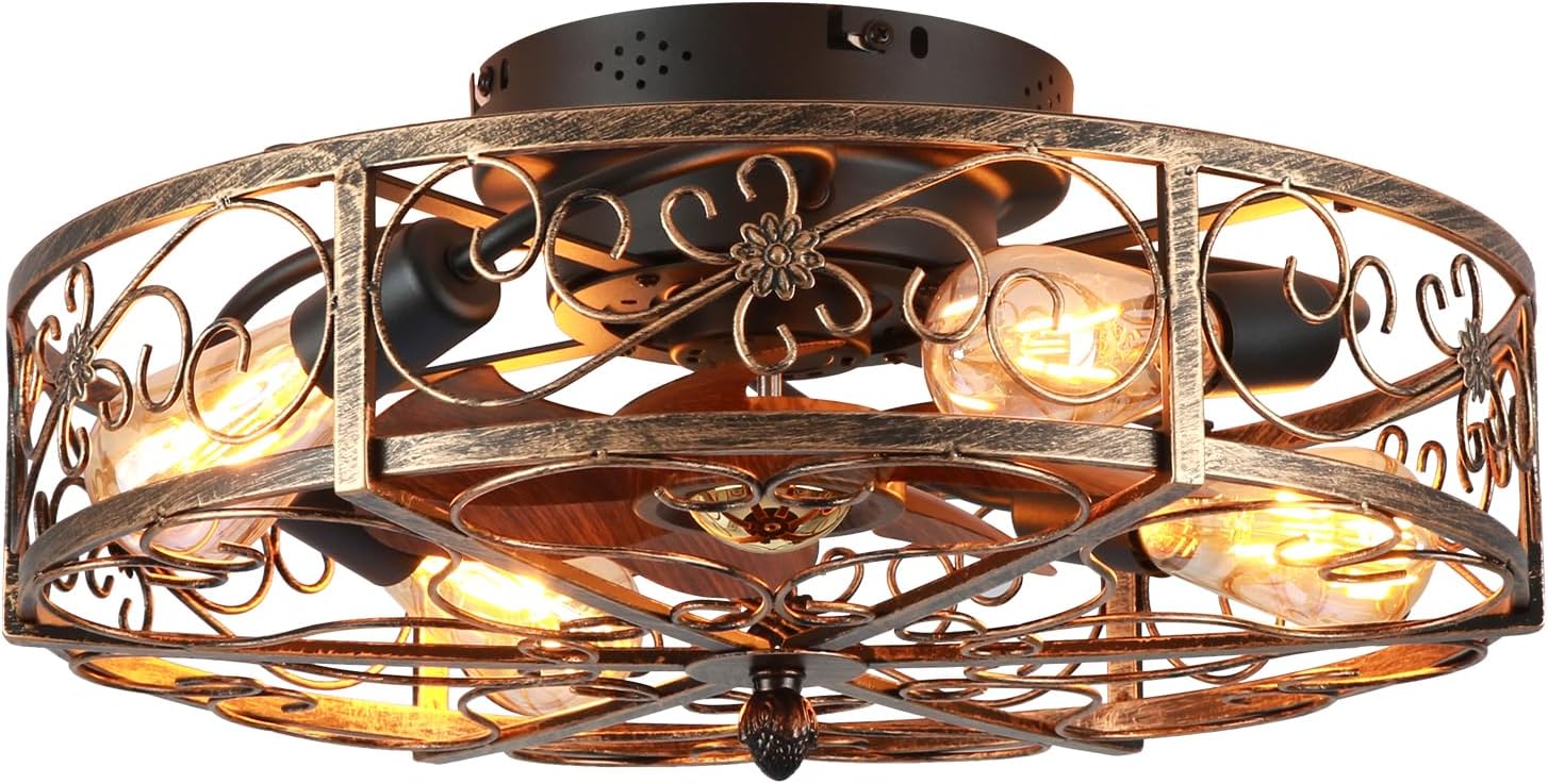 20'' Caged Ceiling Fan with Lights and Remote Control,Small Farmhouse Bladeless Low Profile Ceiling Fans Lights,Vintage Flush Mount Ceiling Light,Reversible Motor 6 Speeds for Bedroom,Living Room