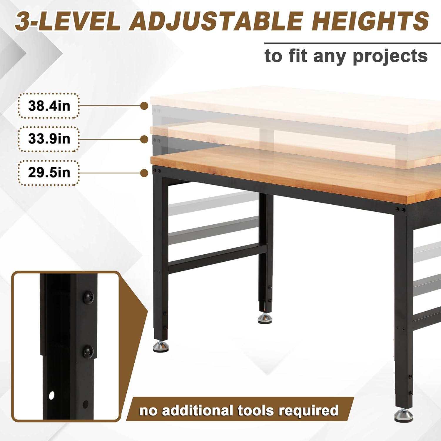 HABUTWAY Height Adjustable Workbench 48'x 24' 2000 Lbs Capacity Solid Wood Work Station Heavy-Duty Work Tables with Power Outlets for Garage Party Shop Office