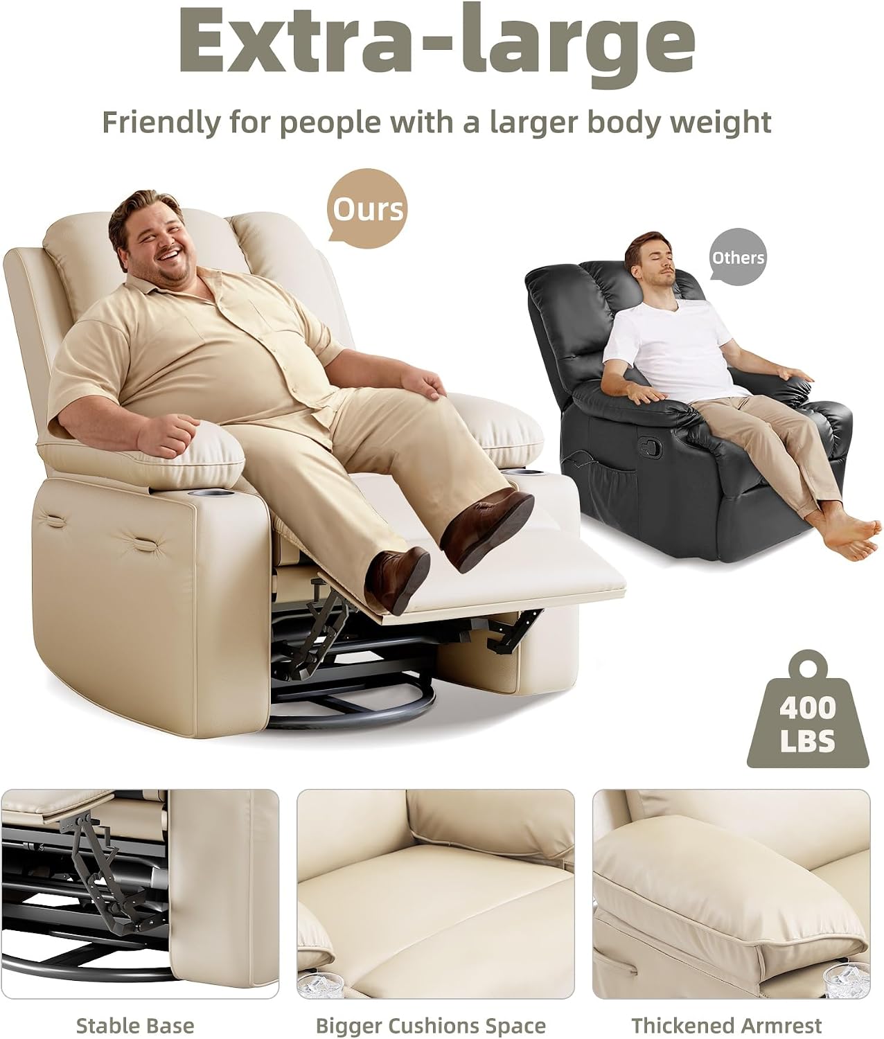 GarveeHome Recliner Chairs, Classic Manual Leather Recliner, Home Theater Seating with Lumbar & Arms Support for Living Room, Bedroom and Nursery (Beige-27)