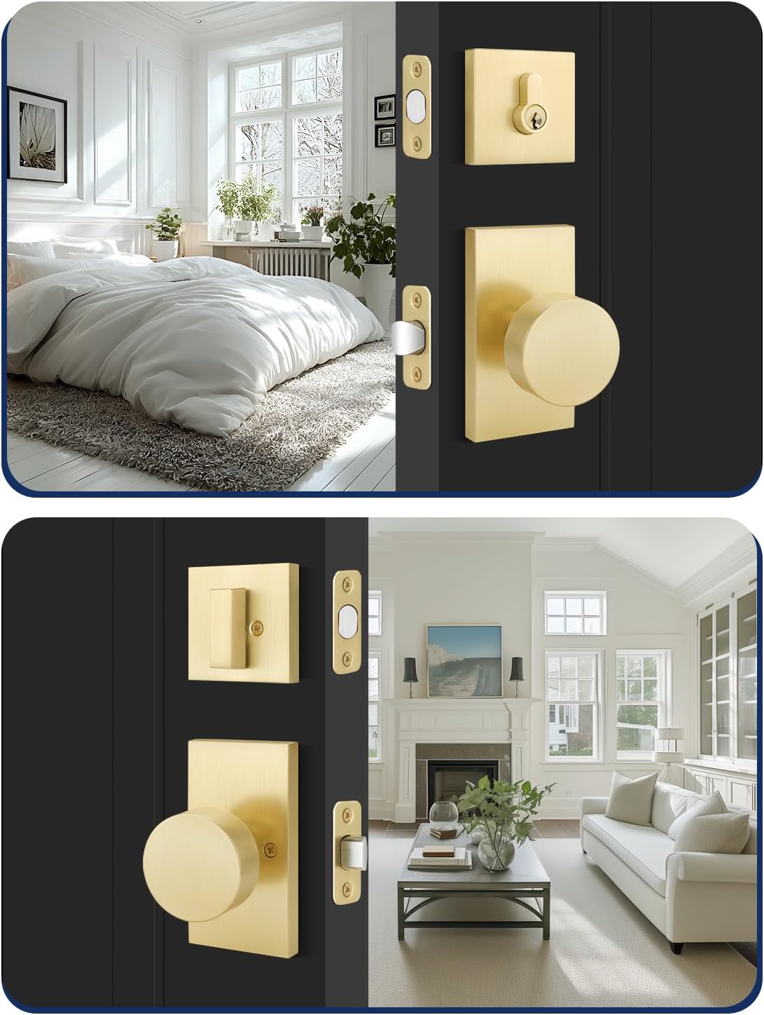 Entry Door Locksets with Deadbolt, 3 Pack Door Knobs Interior, Gold Door Handle with Single Deadbolt, Keyed Entry Door Knob, Universal for Left/Right Handled Doors, Satin Brass Door Lever Set