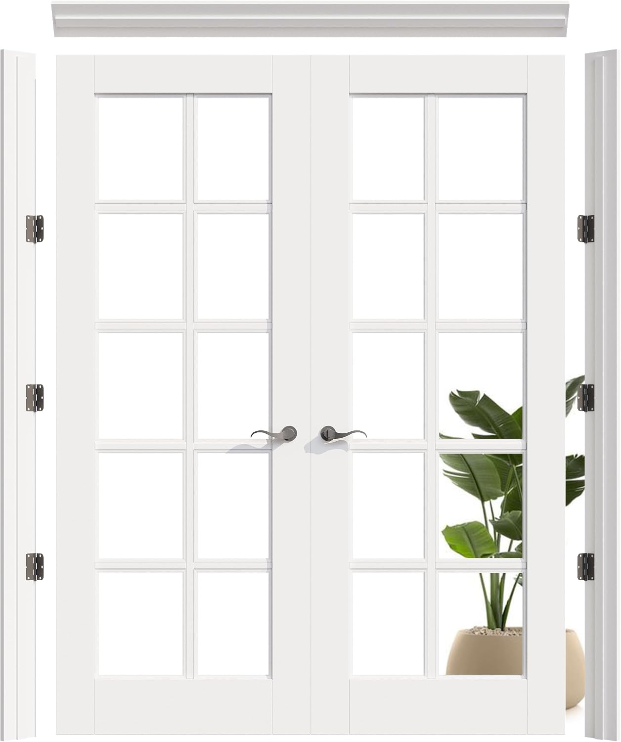 Prehung French Door 64' x 80' (2x32 in), 10-Lite Tempered Clear Glass Door Slabs with Jamb, Black Hinges, 4 Levers & Latch, Solid Core Interior Door, Pre-Finished & Paintable,Double Doors Interior