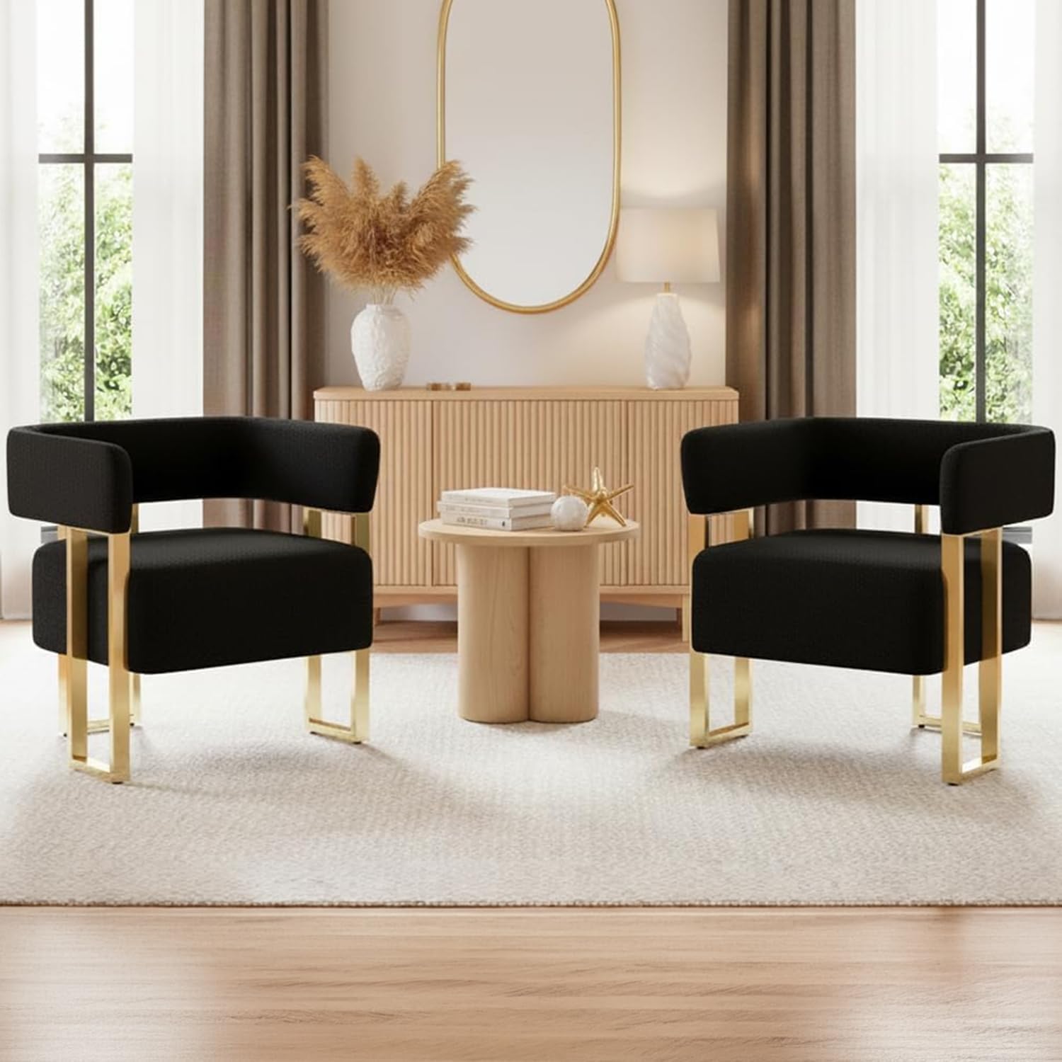 AODAILIHB Mid Century Sherpa Boucle Accent Chair Set of 2, Modern Armchair Black Bucket Chair Comfy Side Chair Arm Chairs for Living Room, Office, Club, Reading Nook (2, Black)