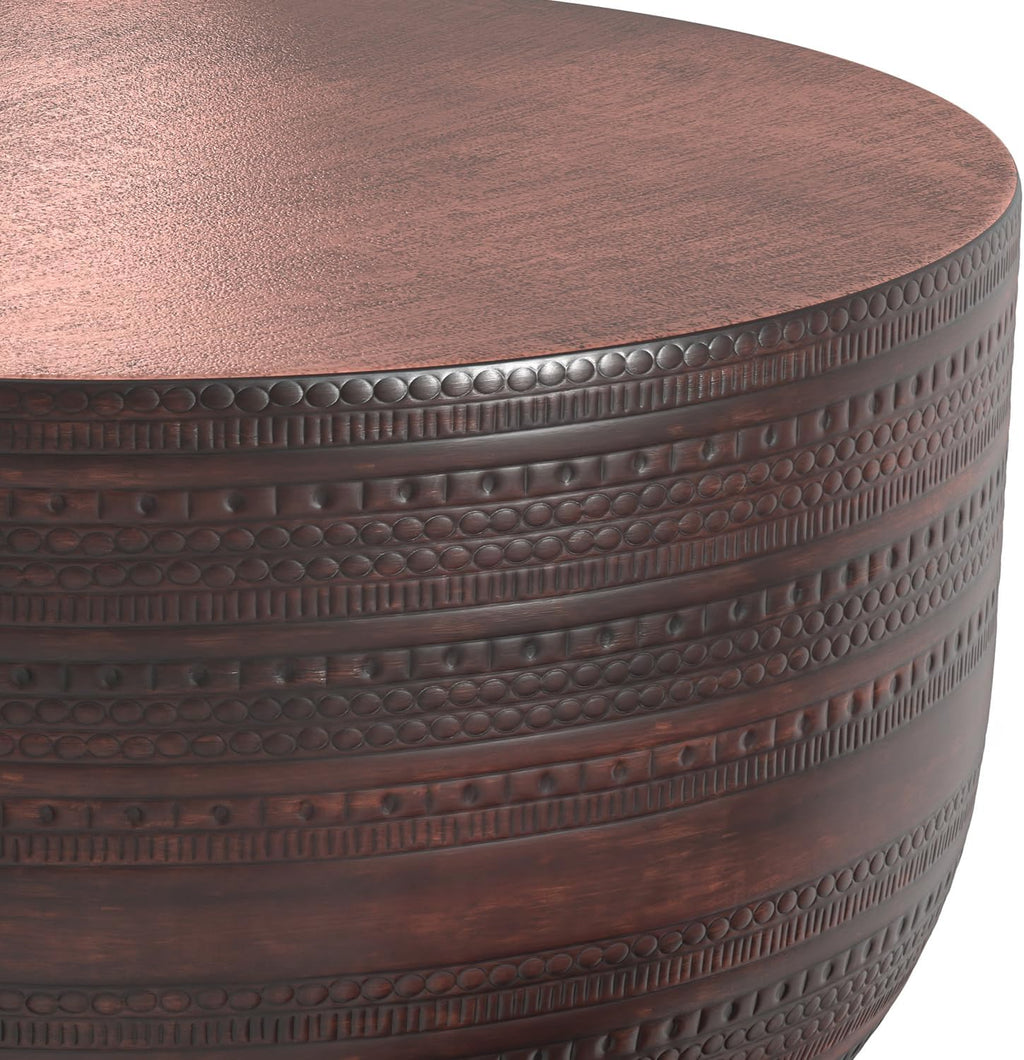 SIMPLIHOME Johnsen Metal Coffee Table - 30 inch Wide Solid Metal Round Drum Accent Table in Bronze, Boho Coffee Table for Living Room or Bedroom with Decorative Textured Design, Assembled