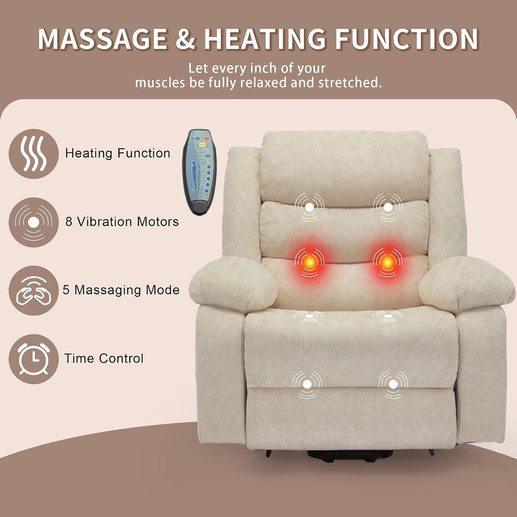 Korser Oversized Power Lift Recliner for Elderly, Extra Wide Electric Recliner Chairs with Massage and Heat, Reclining Chair with Side Pockets, Recliner for Living Room (Cashmere, Khaki)
