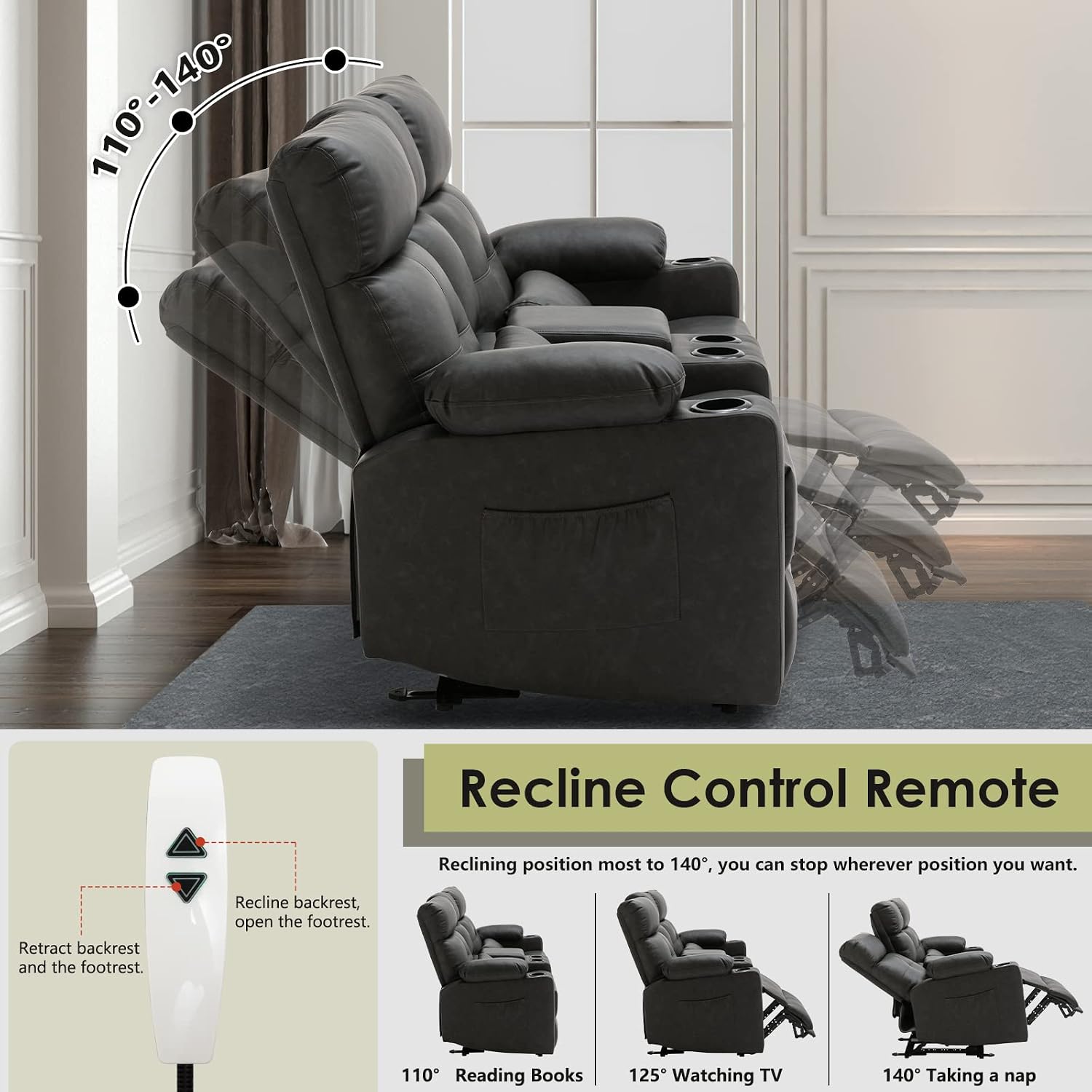 Power Reclining Loveseat with Console, Power Loveseat Recliner Sofa with Heat and Massage, Extended Footrest, Wall Hugger RV Recliner with Cup Holders, Lumbar Support for Living Room