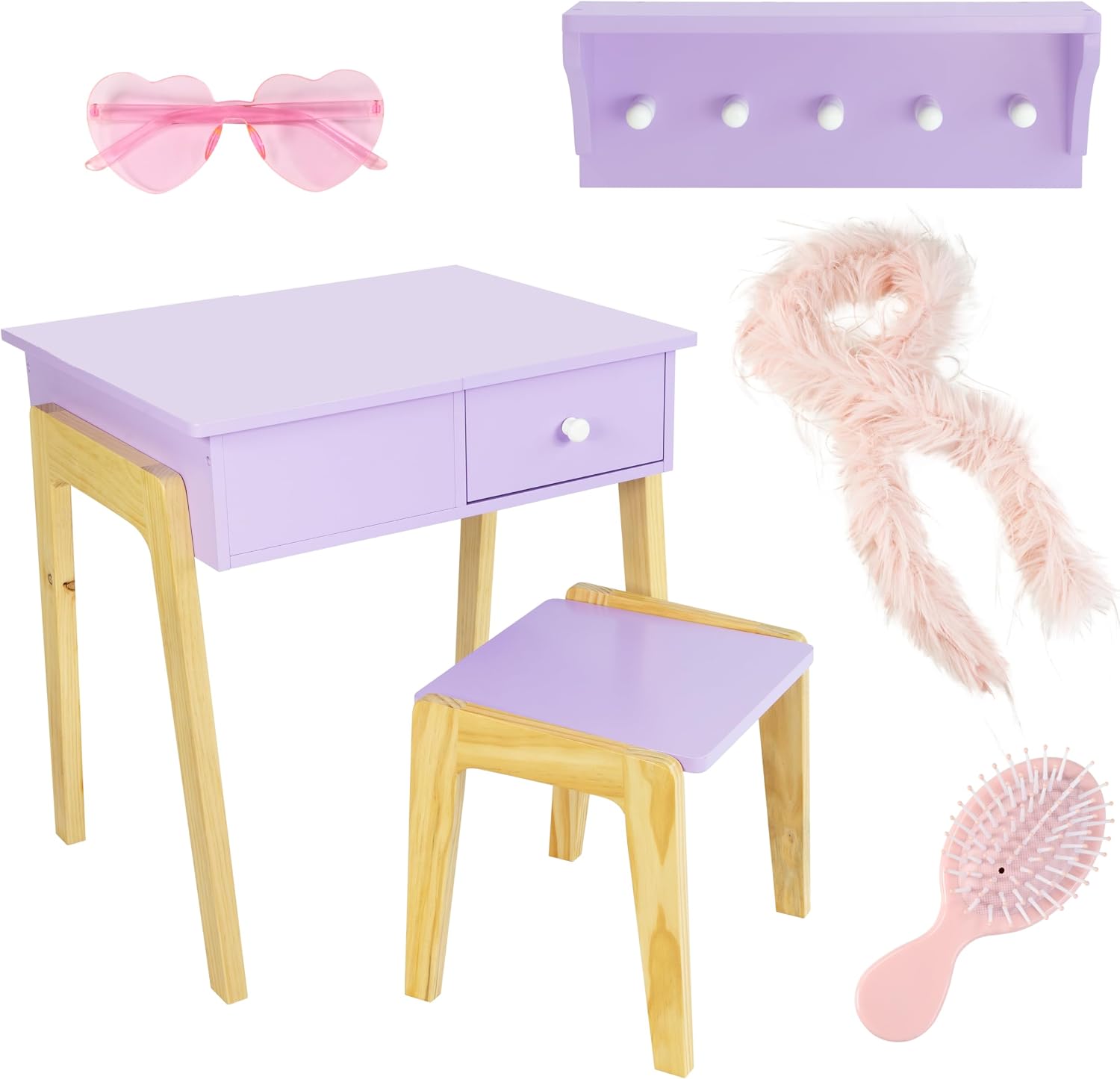 Humble Crew Kids Vanity Set with Mirror, Stool & Storage, Pretend Play Makeup Table with Accessories, Wooden Dress-Up Vanity Desk for Girls Playroom & Bedroom