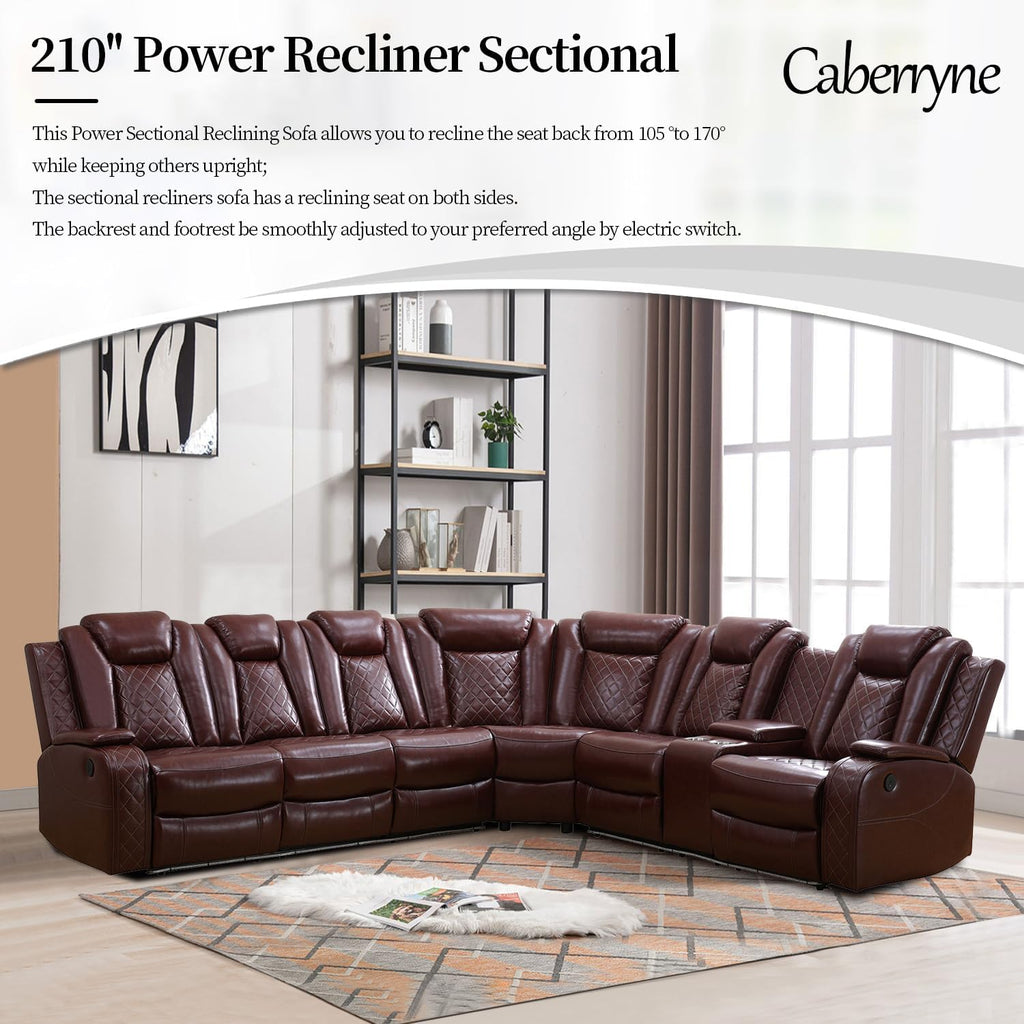 Power Recliner Sofa Sectional Couch with LED Light for Living Room,Leather Reclining Corner Sectional Sofa with 2 Recliner Seats,Cup Holder,Storage Console for House/Home Theater, Wine