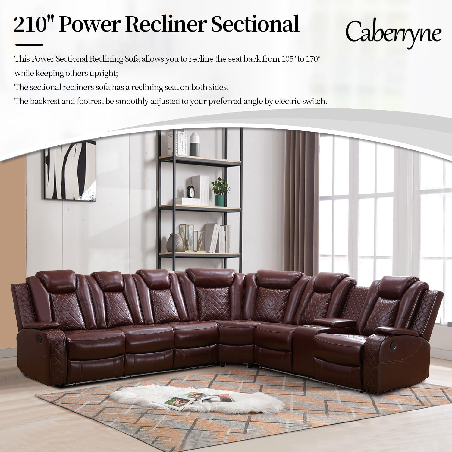 Power Recliner Sofa Sectional Couch with LED Light for Living Room,Leather Reclining Corner Sectional Sofa Set with 3 Recliner Seats,Cup Holder,Storage Console for House/Home Theater, Wine
