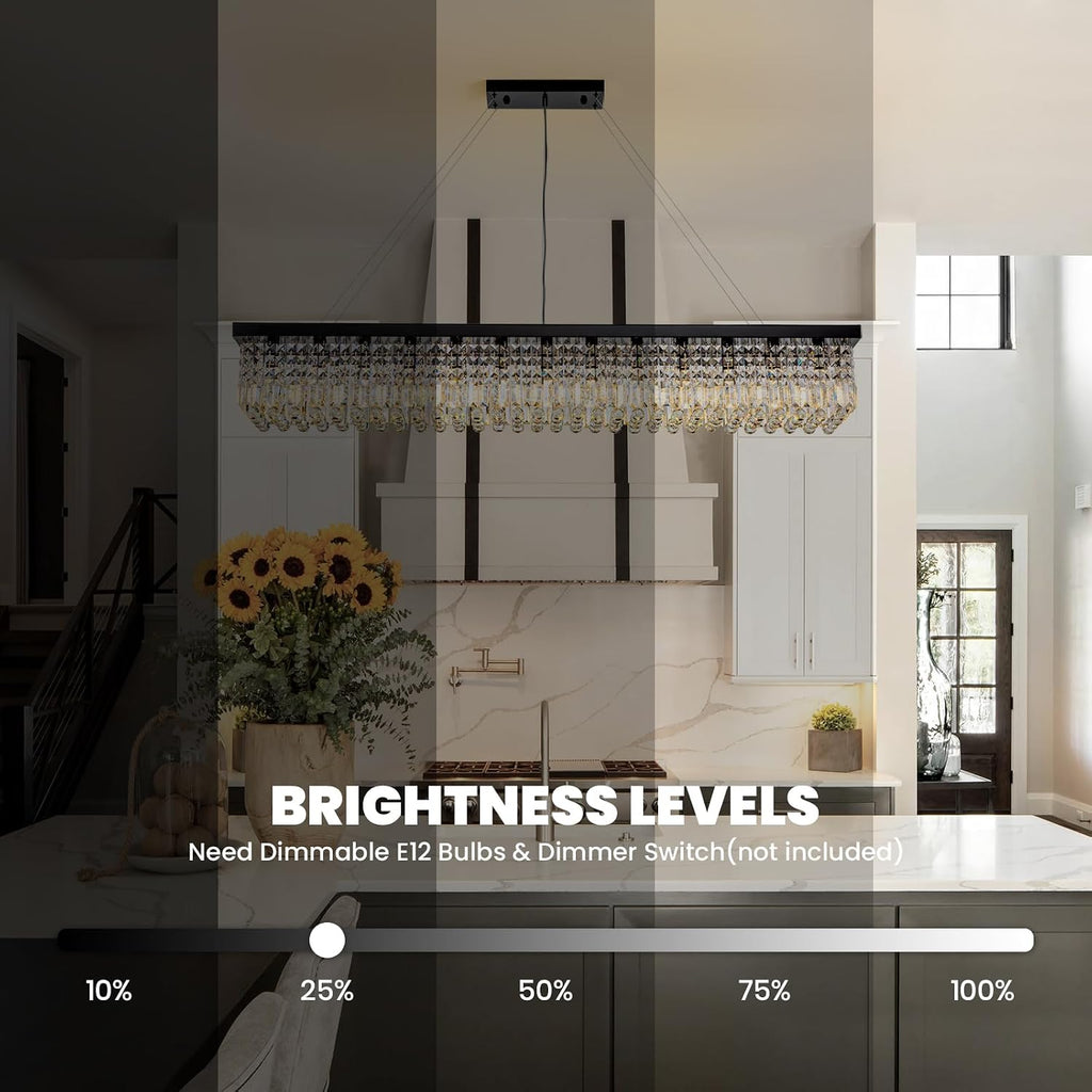 7PM Rectangle K9 Crystal Chandelier, 13-Light Modern Dining Room Linear Ceiling Chandelier, Rectangular Pendant Lighting Fixture for Kitchen Island Bedroom, Black Finish L59'' x W10'' x H9''