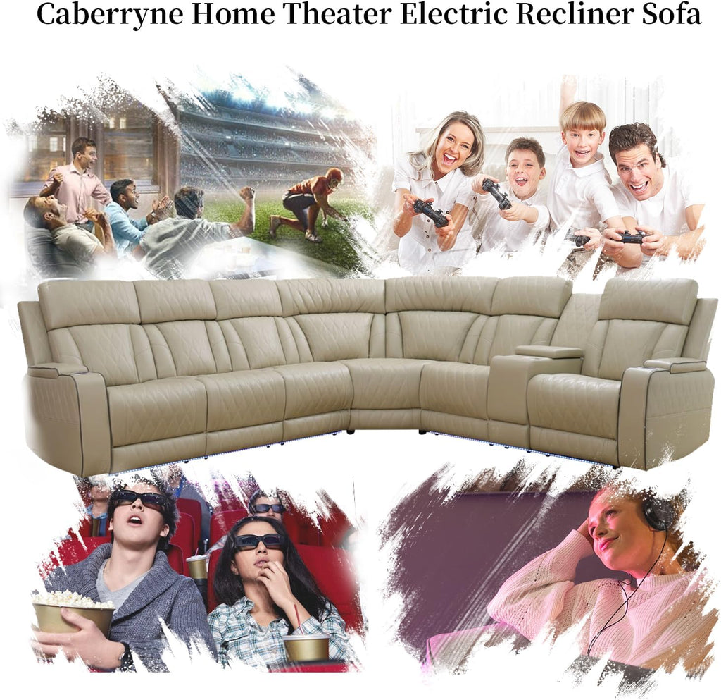 Power Recliner Sofa Sectional Couch with LED Light for Living Room,Leather Reclining Corner Sectional Sofa with 2 Recliner Seats,Cup Holder,Storage Console for House/Home Theater, Paddy