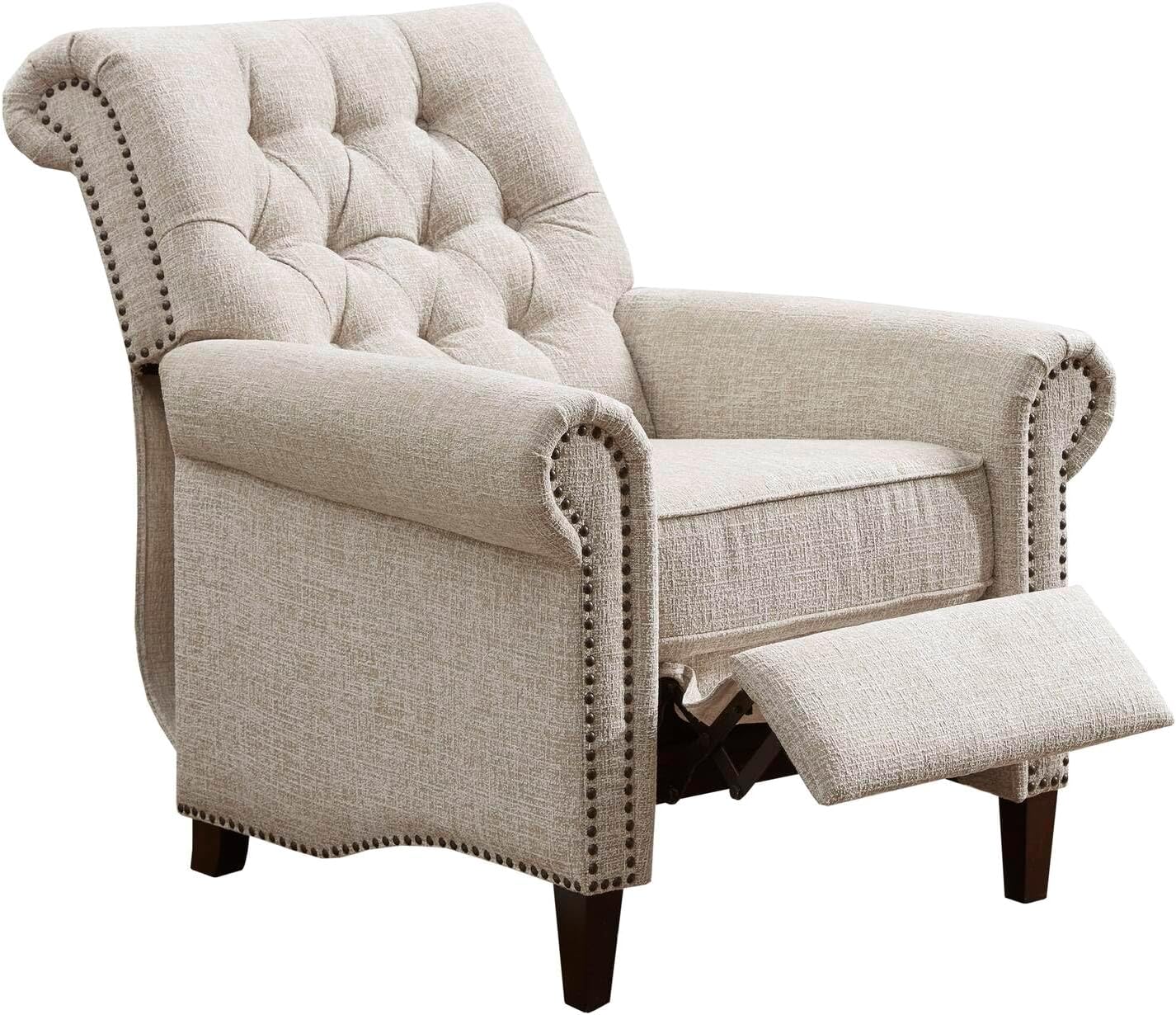 Madison Park Aidan Upholstered Manual Push Back Recliner Chair with Nailheads - Solid Wood, Plywood, Roled Back Button Tufted Accent Armchair Modern Classic Style Family Room Sofa Furniture, Cream