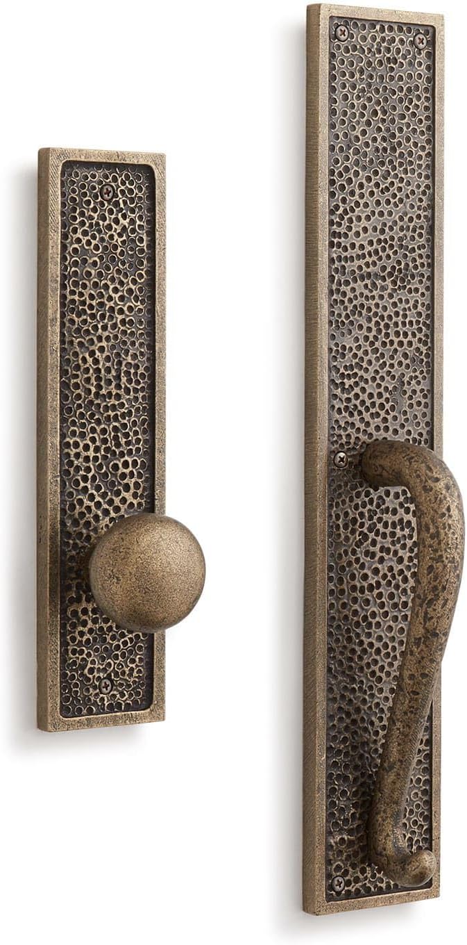 Signature Hardware 441539 Traeger Solid Brass Hammered Style Full Plate Dummy Door Handleset with Interior Knob