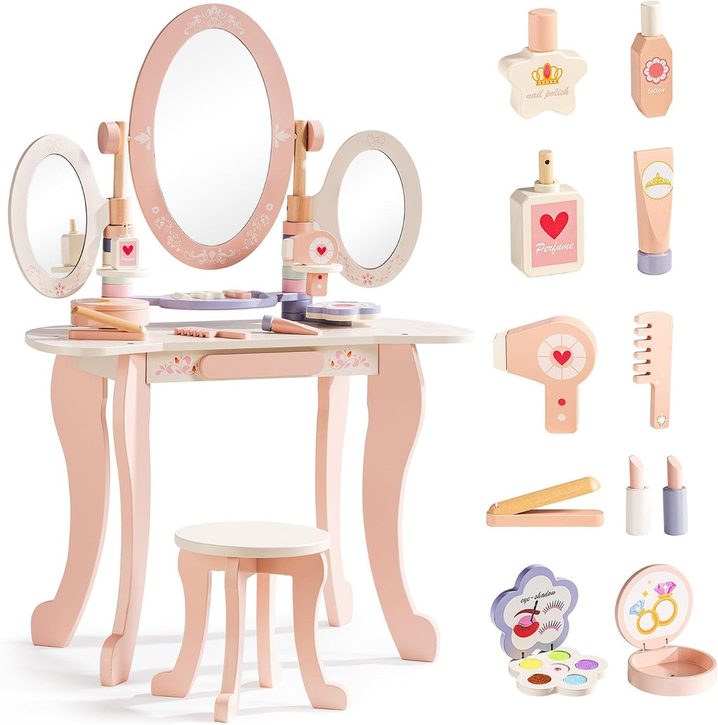 ROBOTIME Kids Vanity Set with Mirror and Stool – Wooden Pink Makeup Table with 11 PCS Accessories – Play Beauty Dresser with Mirrors, Drawer– Kids Vanity Table and Chair Set for Girls Ages 3+