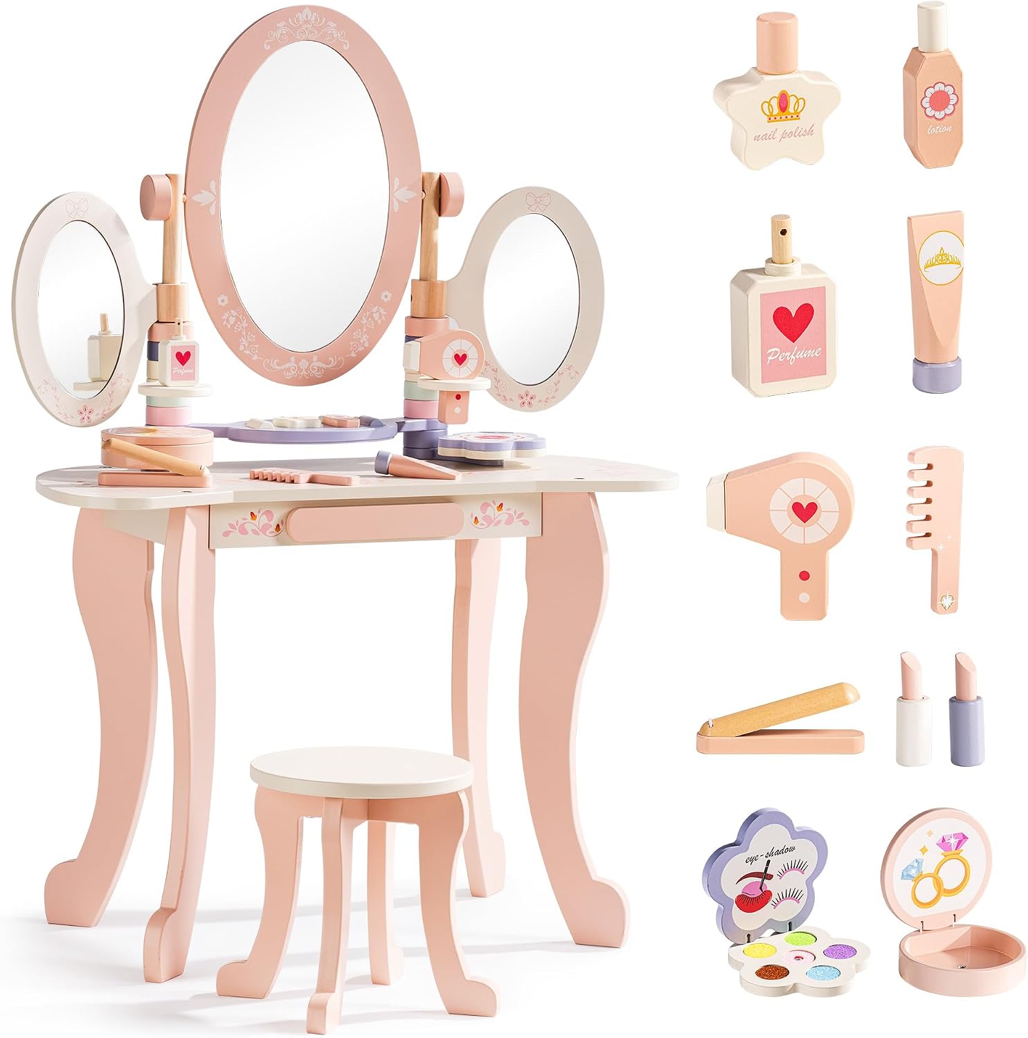 ROBOTIME Kids Vanity Set with Mirror and Stool – Wooden Pink Makeup Table with 11 PCS Accessories – Play Beauty Dresser with Mirrors, Drawer– Kids Vanity Table and Chair Set for Girls Ages 3+