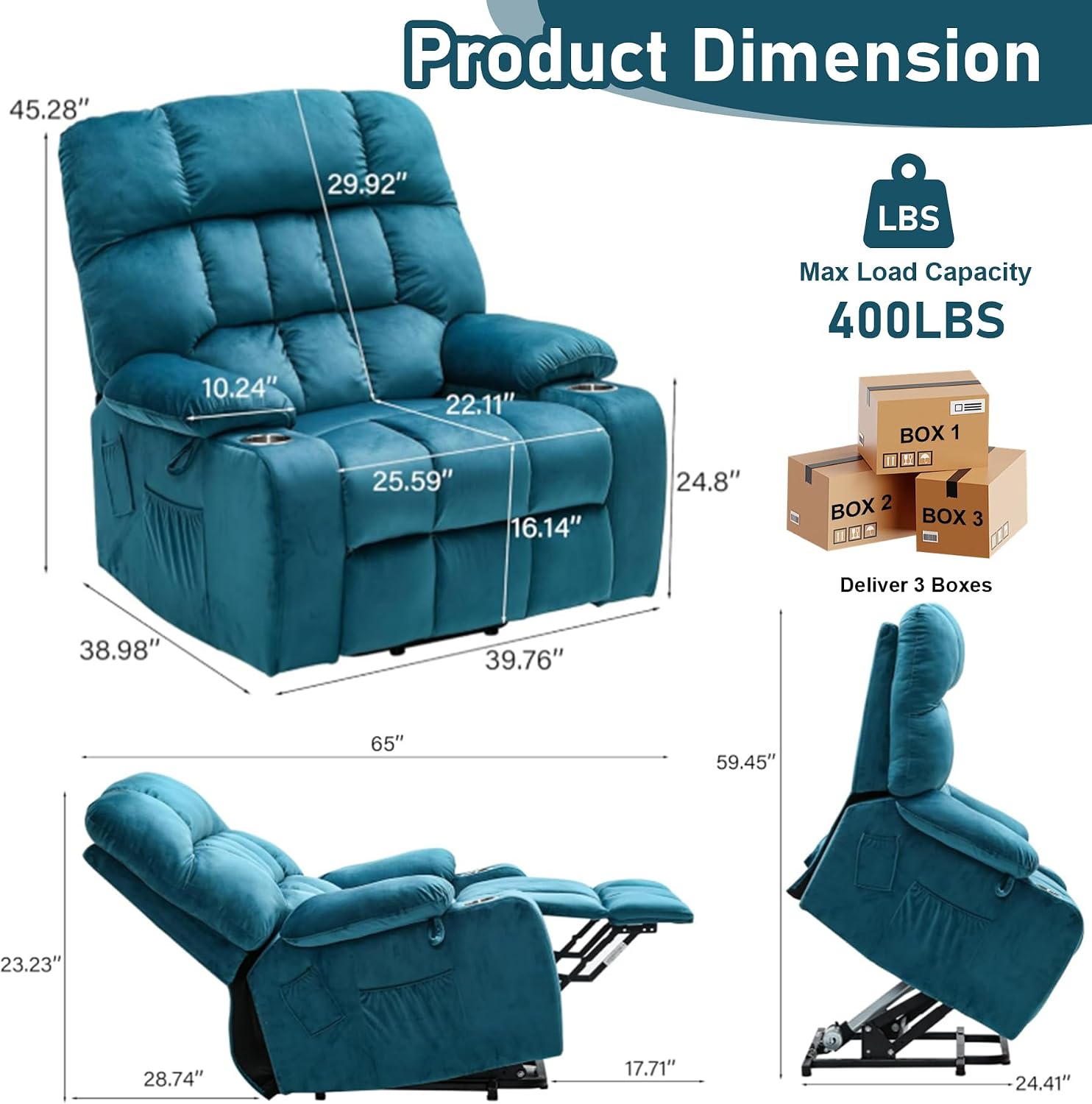 Oversized Recliner Chairs for Big and Tall 400 LBS, 25.5' Extra Wide Electric Lift Chair with Massage and Heat, Large Power Recliners for Living Room, Home Theater, Wall Hunger, Dark Green