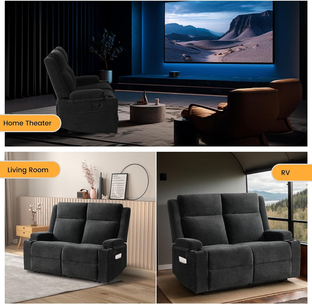 Loveseat Recliner, Double Recliner Loveseat with Adjustable Footrest & Cup Holder, Wall Hugger Recliner for Living Room & Home Theater & RV(Black)