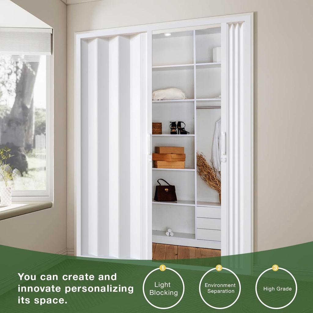 NeatiEase Accordion Door 72x80, Portable Interior PVC Folding Door, Bifold Closet Doors with Latch, Handle, Mounting Hardware