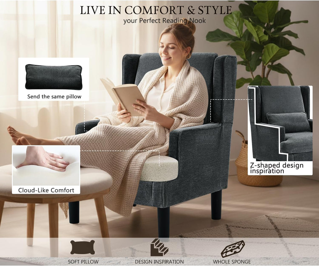 Modern Accent Chair for Living Room Chairs Oversized Reading Chair Accent Chairs for Living Room Sofa Chair with High Back and Wood Legs, Upholstered Armchair Comfy Chair for Bedroom(Dark Green)