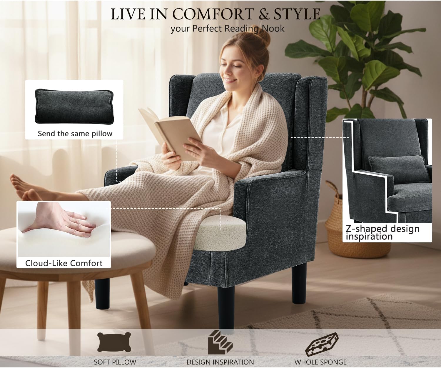 Modern Accent Chair for Living Room Chairs Oversized Reading Chair Accent Chairs for Living Room Sofa Chair with High Back and Wood Legs, Upholstered Armchair Comfy Chair for Bedroom(Dark Green)