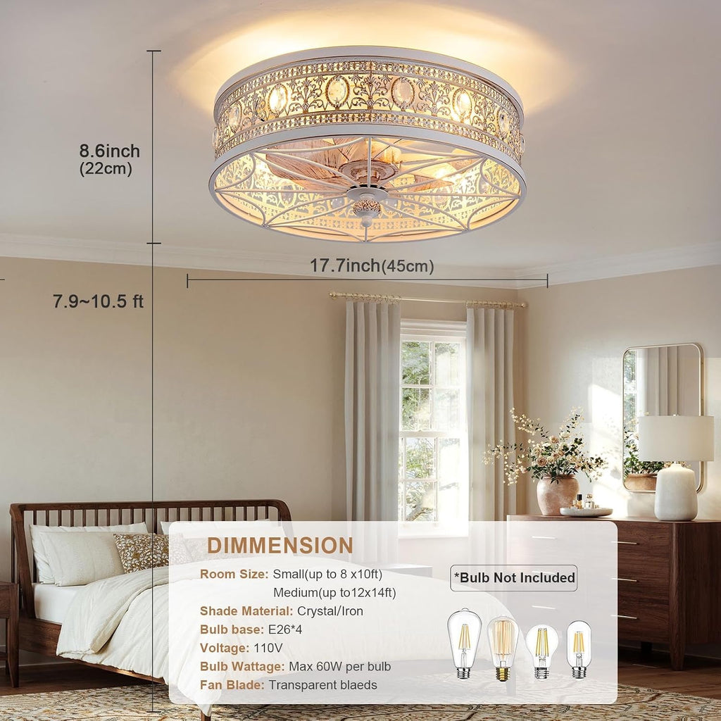 French Country Shabby Chic Crystal Fandelier, Cottage Flush Mount Ceiling Fan with Lights and Remote, Decorative Enclosed Fan for Girls Room, Nursery, Small Bedrooms