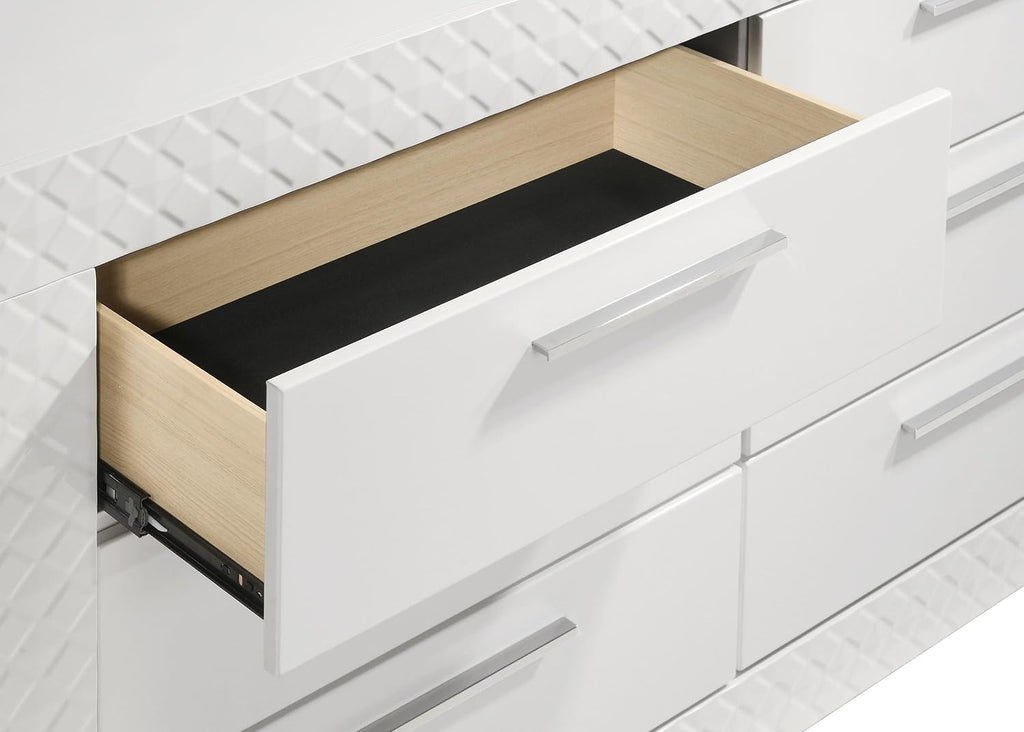 Coaster Home Furnishings - Ives - Wood - 6-Drawer Dresser with Contemporary Style, Tile Emboss, Felt-Lined Top, Metal Handles, Metal Extension Glides - Bedroom - White High Gloss - 224943