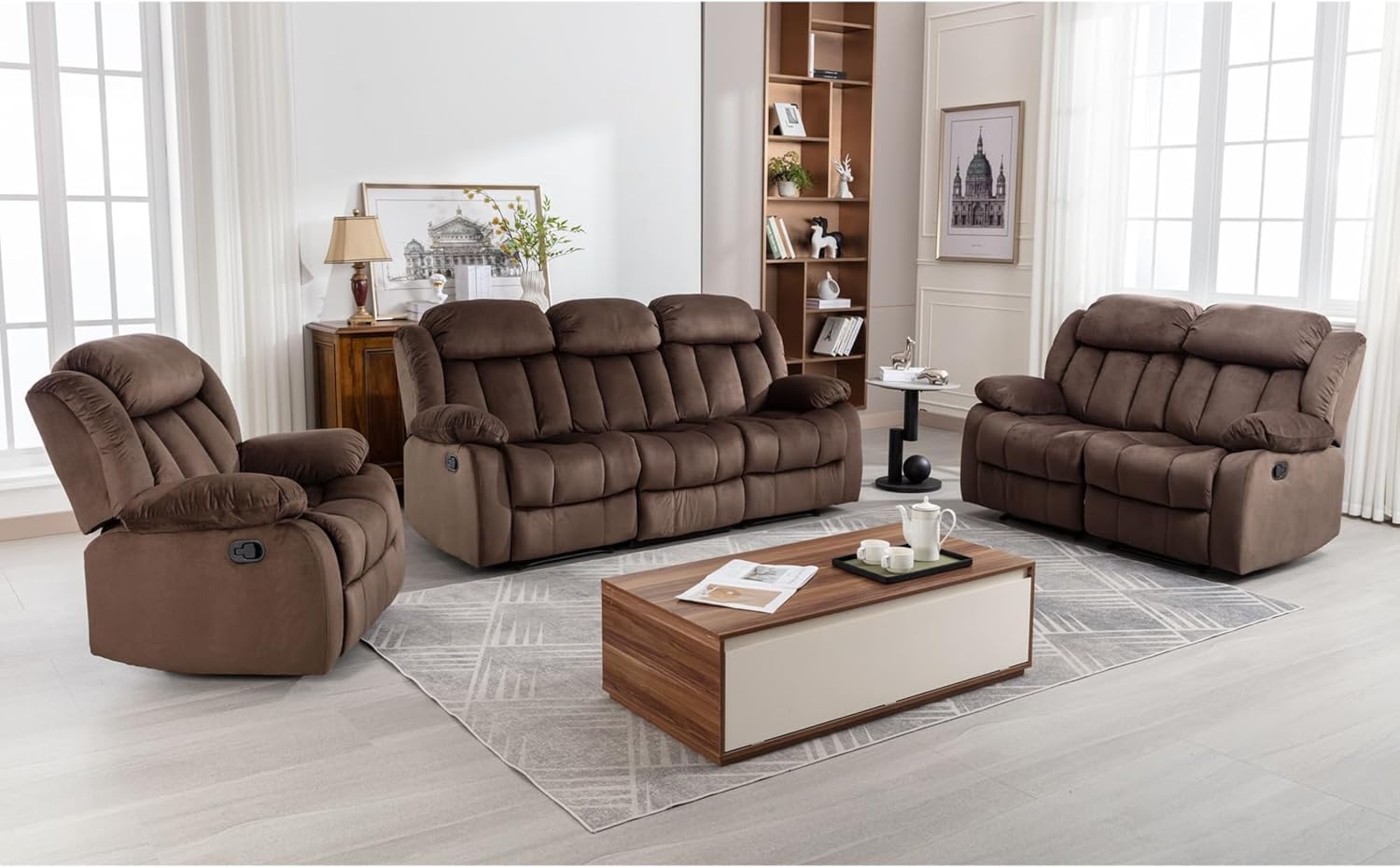 EBELLO Manual Recliner Chair, Classic and Fabric Recliner Sofa with Overstuffed Arms and Back for Living Room, Bedroom, Brown