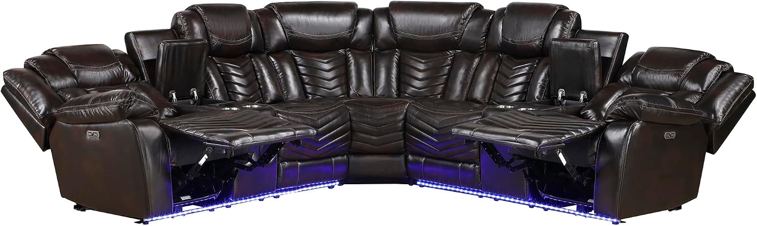 Lexicon Modern 3-Piece Power Reclining Sectional Sofa, Wall Hugger Faux Leather Sectional Couch, with Consoles, Speakers, Subwoofer and Led Lighting, for Living Room/Office/Apartment, Dark Brown
