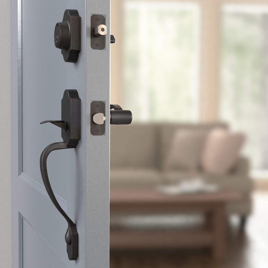 Amazon Basics Front Door Lock Set, Handleset with Shelby Lever, Level Door Handle, Exterior, Single Cylinder Packs, Oil Bronze, 6-Pack