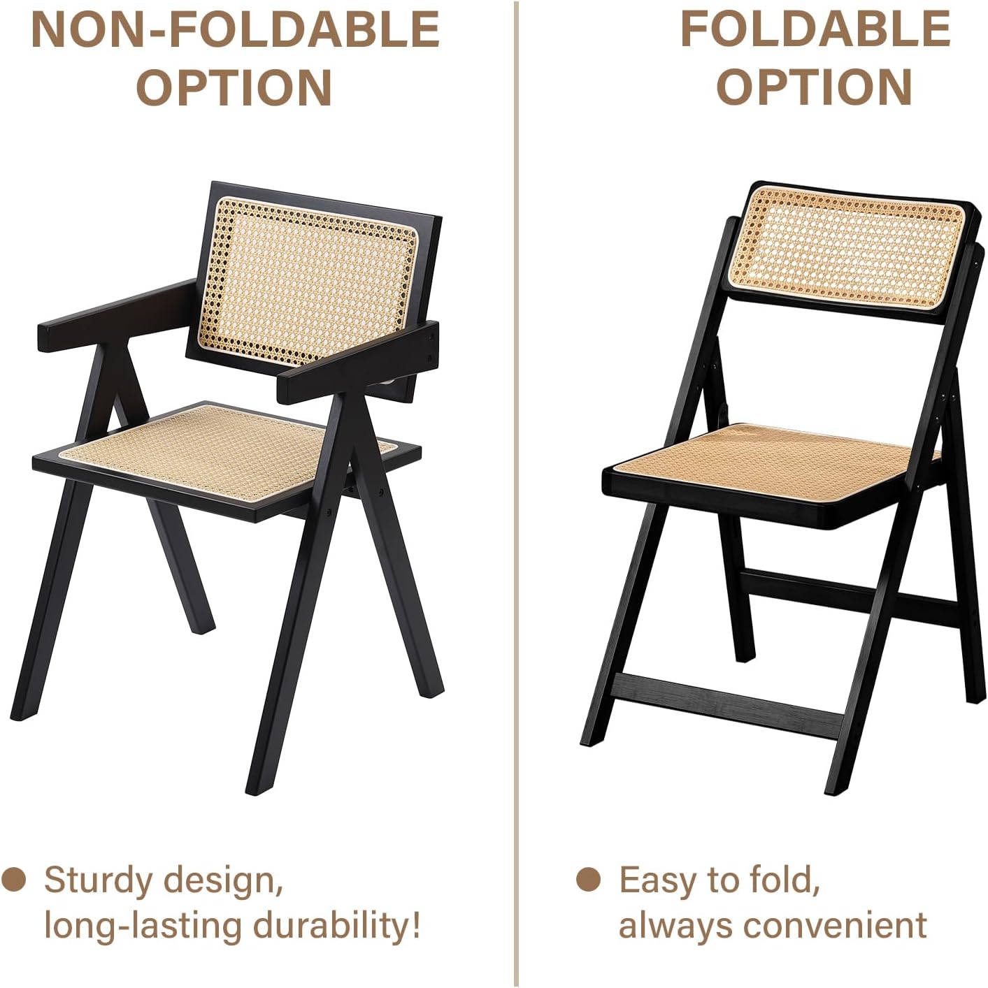 Furlide Rattan Dining Chairs Set of 2, Modern Mid Century Dining Chairs with Arms, Outdoor Bamboo Chairs for Bedroom, Living Room, Reading Room, Black