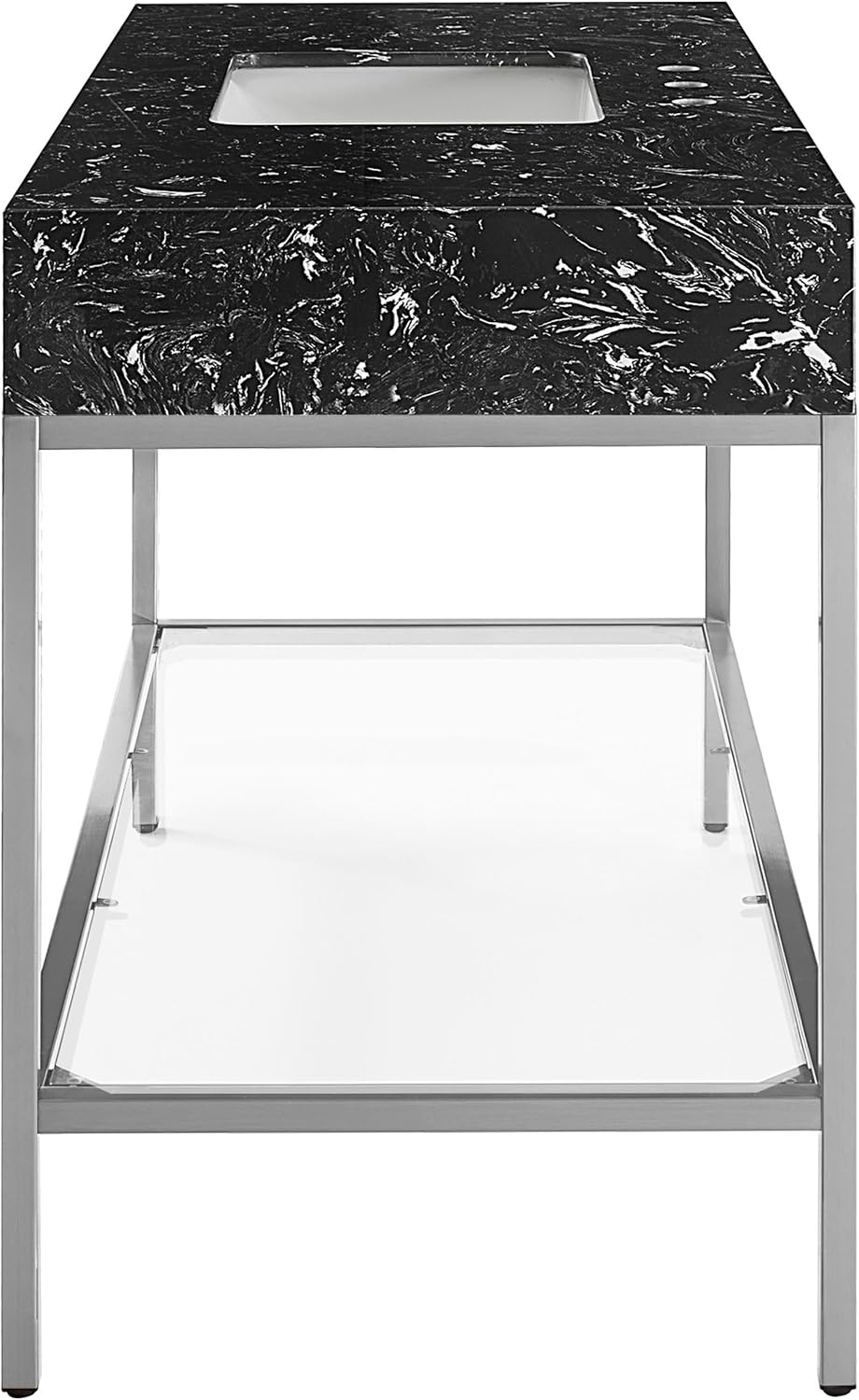 Meridian Furniture 408Black-48 Marmo Collection Modern | Contemporary Bathroom Vanity with Black Engineered Stone with White Veining, Brushed Chrome Stailness Steel Base, 48' W x 23' D x 34' H, Black
