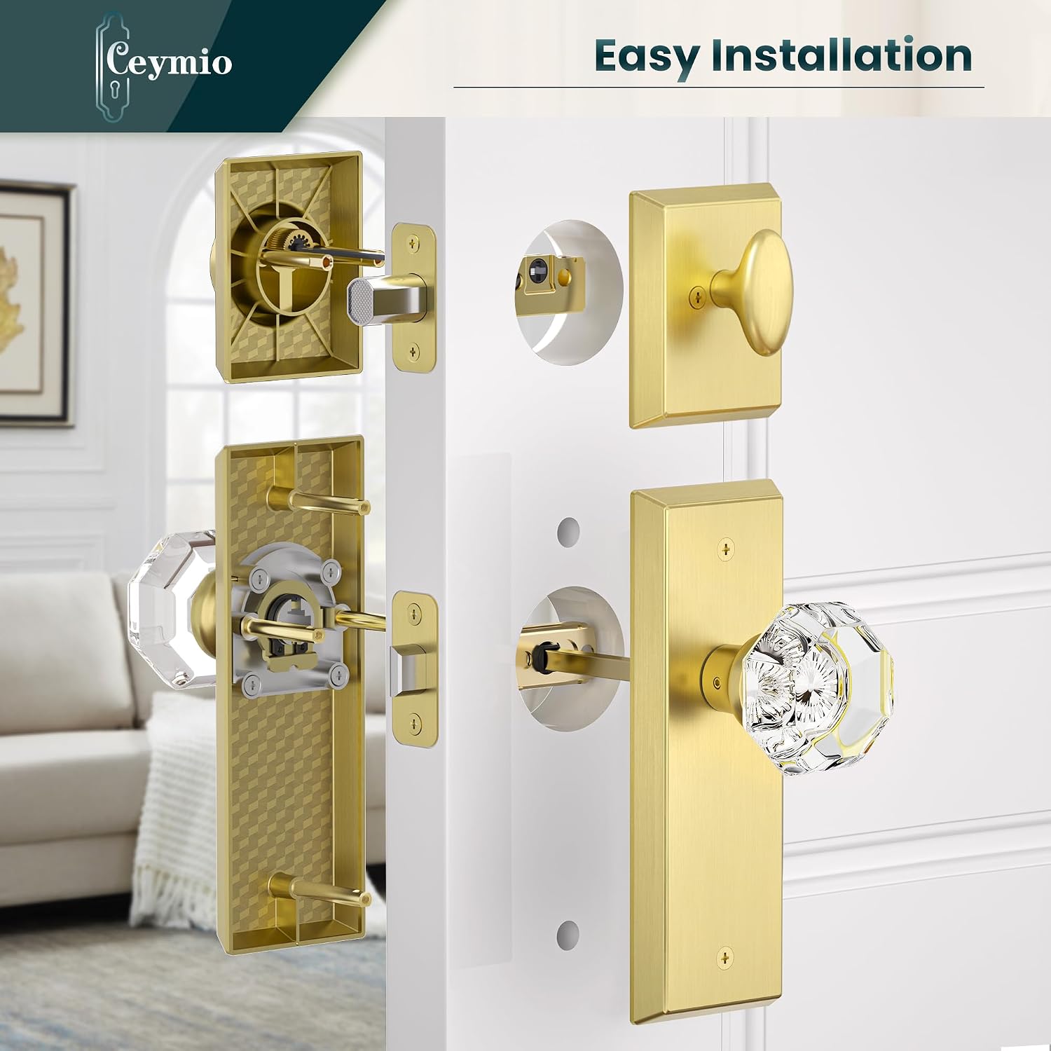 Glass Door Knobs with Single Cylinder Deadbolt Lock Set - Brushed Gold Crystal Passage Knob for Interior/Exterior Doors - Vintage Diamond Bedroom Bathroom Closet Handles