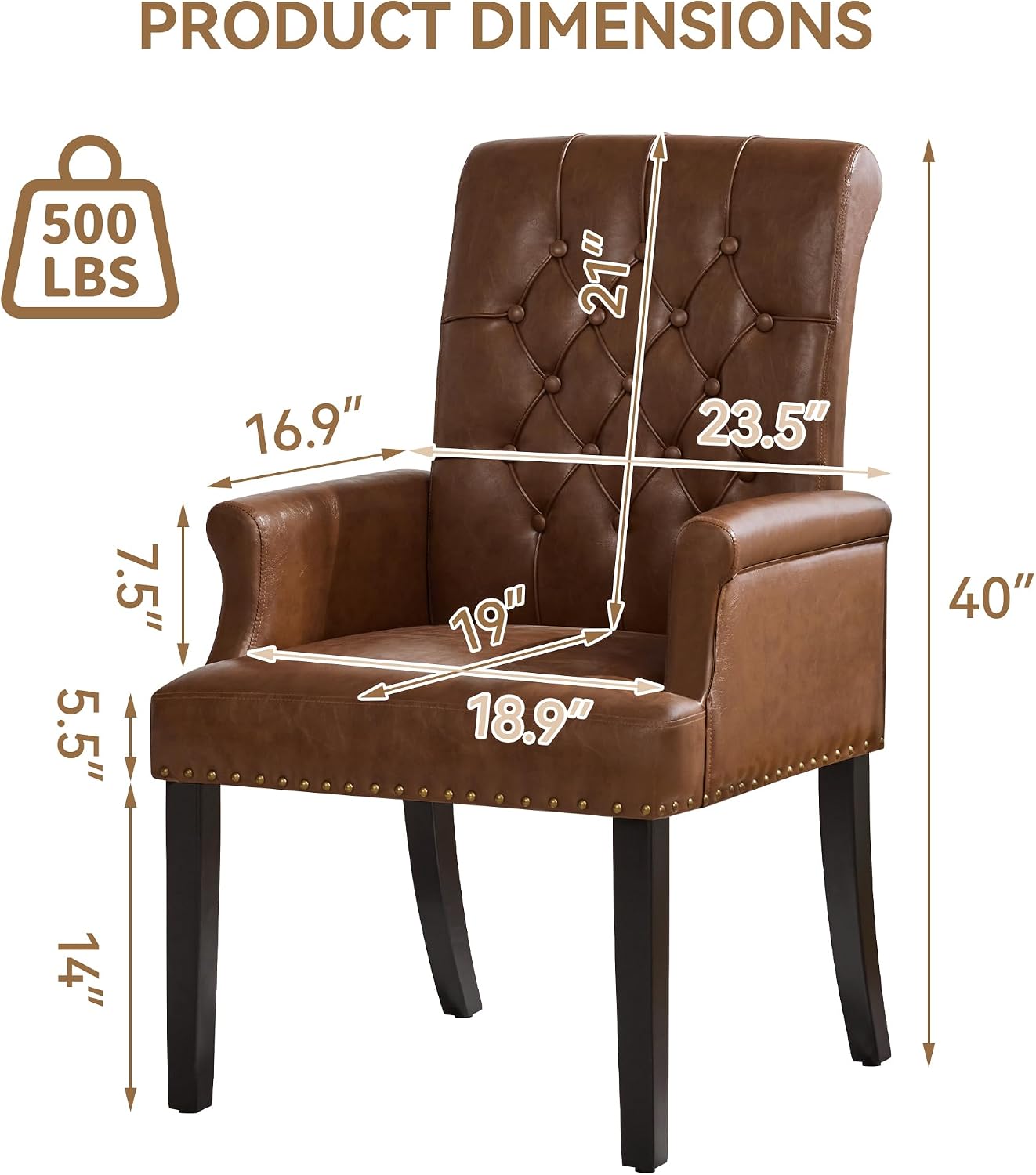 WUTUTUEE PU Leather Dining Chair with Arms, Upholstered Tufted High Back Dining Room Chairs, Accent Armchair with Solid Wood Leg and Nailhead Trim, Kitchen Dining Living Room, Coffee