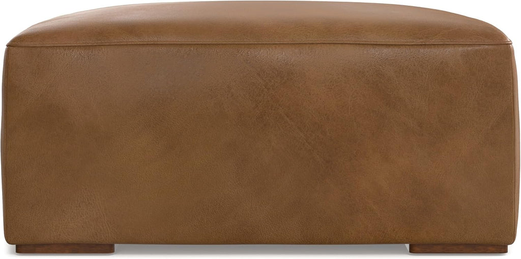 SIMPLIHOME Rex Ottoman - 34 inch Wide Upholstered Genuine Leather Square Ottoman in Caramel Brown, Modern Bench for Living Room or Bedroom with High-Density Cushion, Assembled