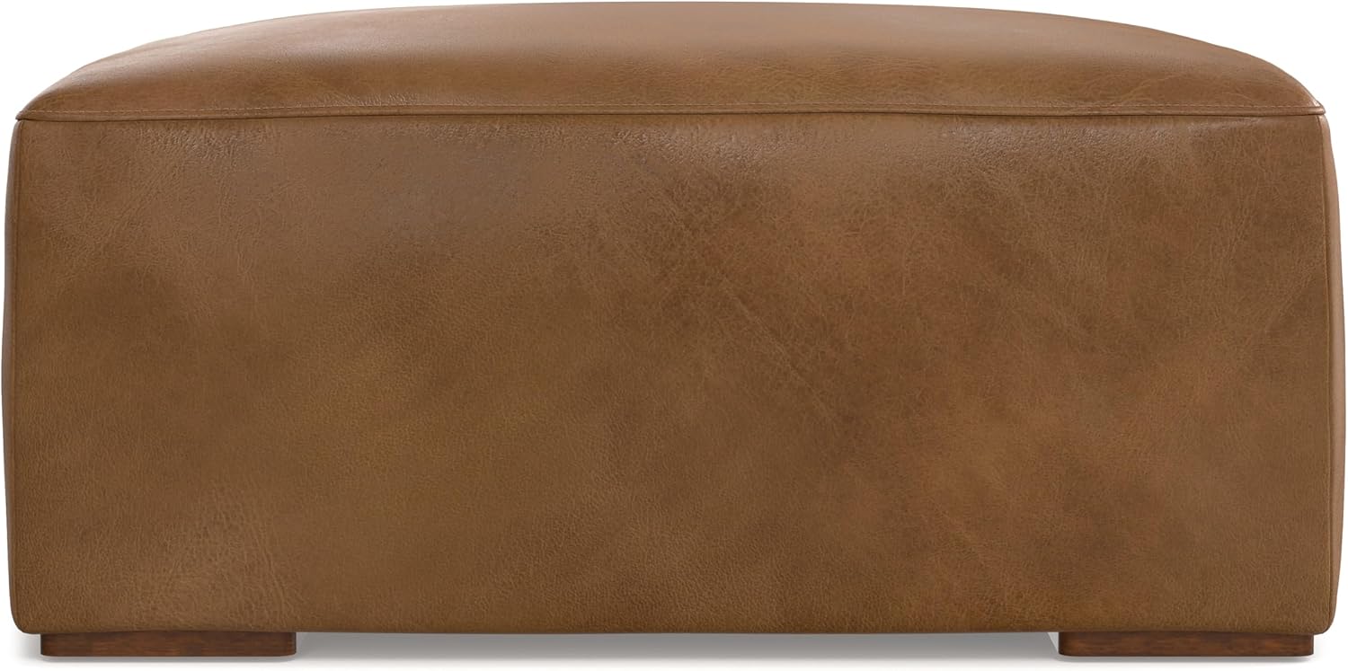 SIMPLIHOME Rex Ottoman - 34 inch Wide Upholstered Genuine Leather Square Ottoman in Caramel Brown, Modern Bench for Living Room or Bedroom with High-Density Cushion, Assembled