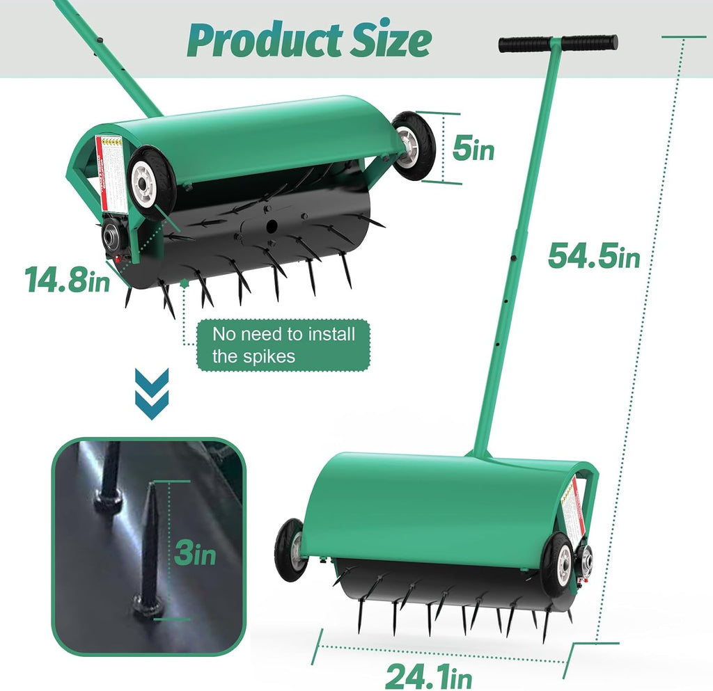 24 Inch Rolling Lawn Aerator, Heavy Duty Manual Aerator Tool, Up to 70 lbs, Push Spike Aeration Tool with 42 Spikes, Suitable for Lawns, Garden, and Yard Grass Aeration [Green]