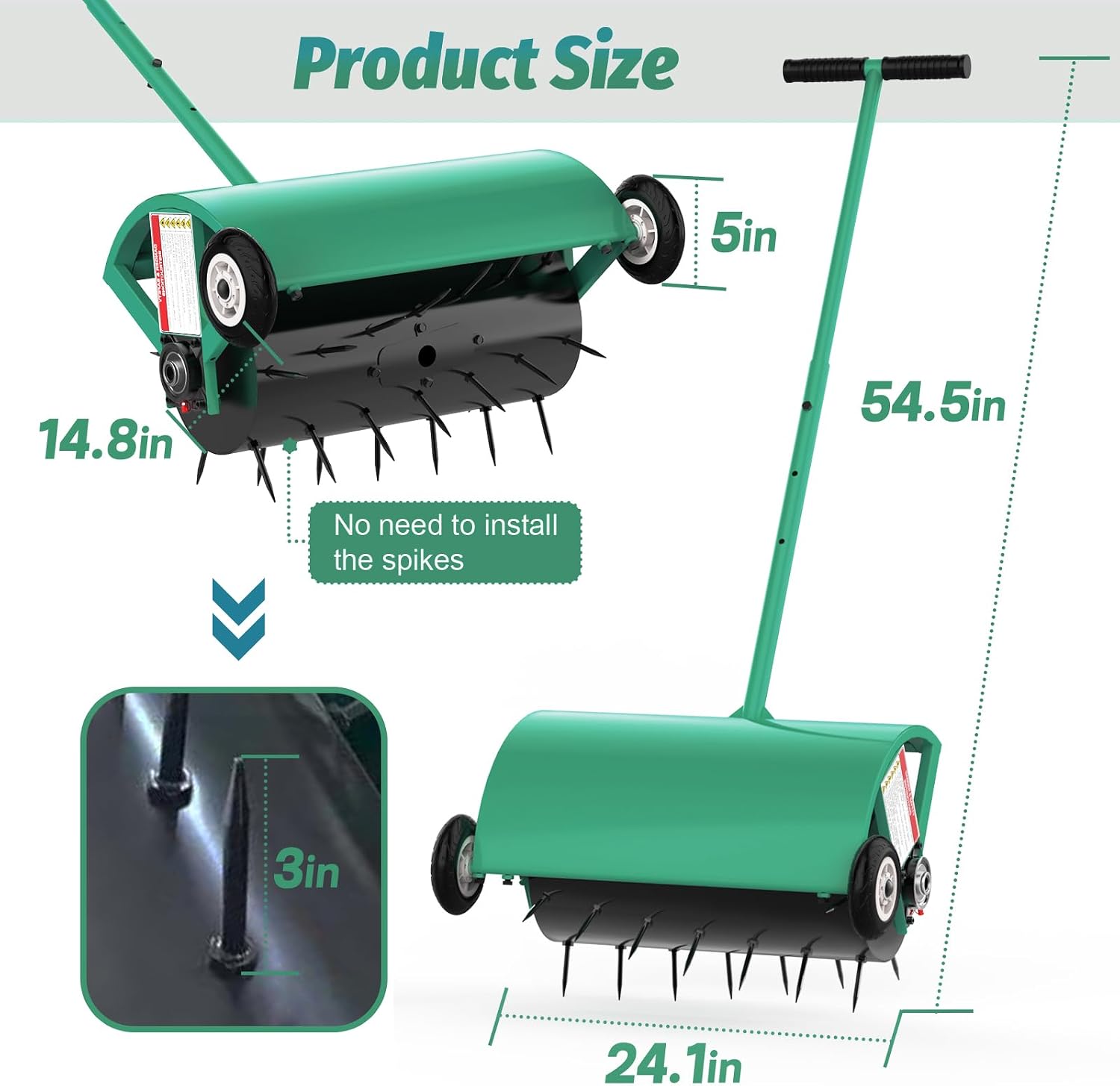 24 Inch Rolling Lawn Aerator, Heavy Duty Manual Aerator Tool, Up to 70 lbs, Push Spike Aeration Tool with 42 Spikes, Suitable for Lawns, Garden, and Yard Grass Aeration [Green]