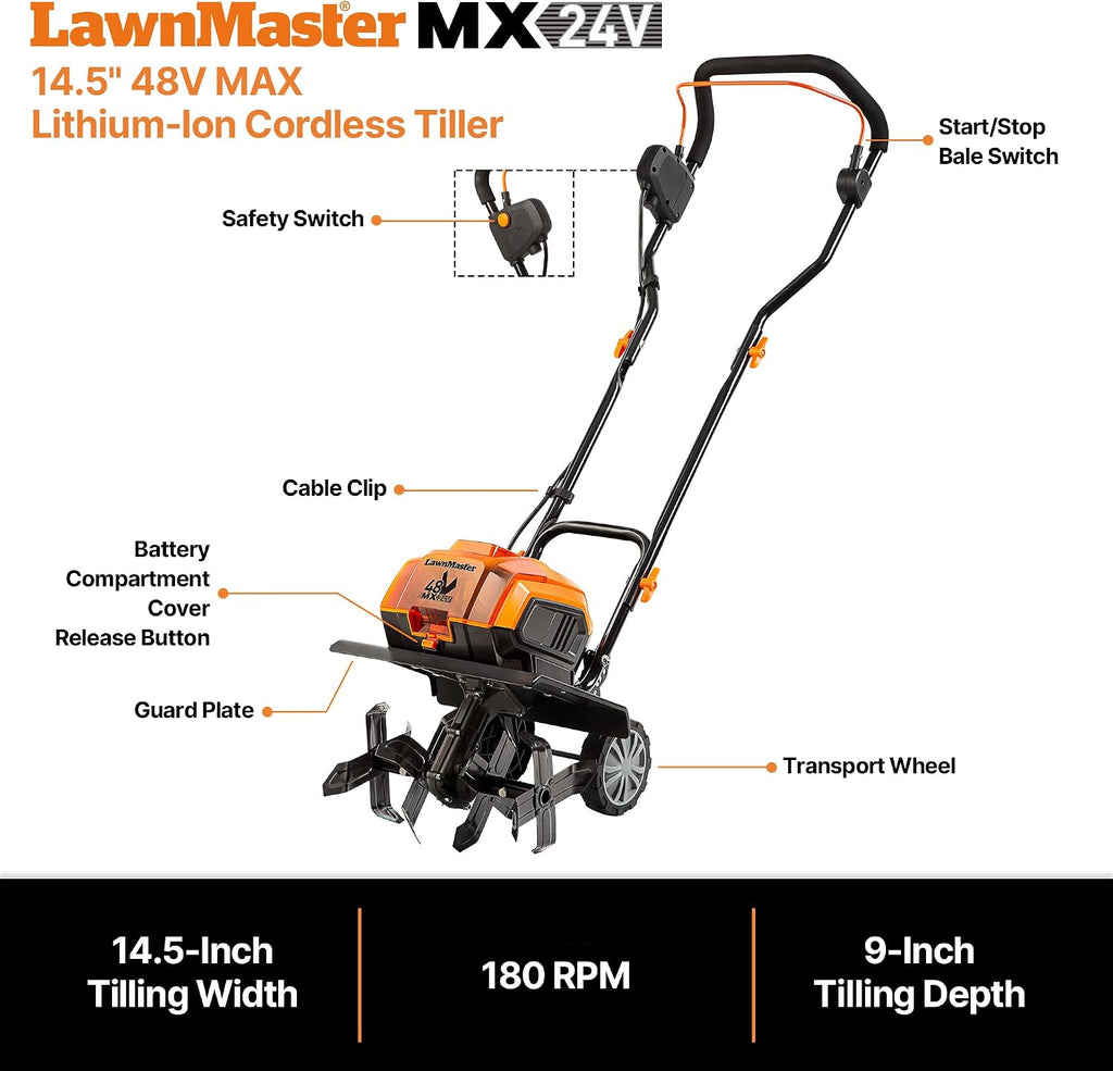 LawnMaster Brushless 48V MAX Cordless Tiller Cultivator with 2X MAX 24V 4.0ah Battery& 1x MX24V Dual Port Charger, 4X Blade, 14.5In Width & 9In Depth-CLTE4814