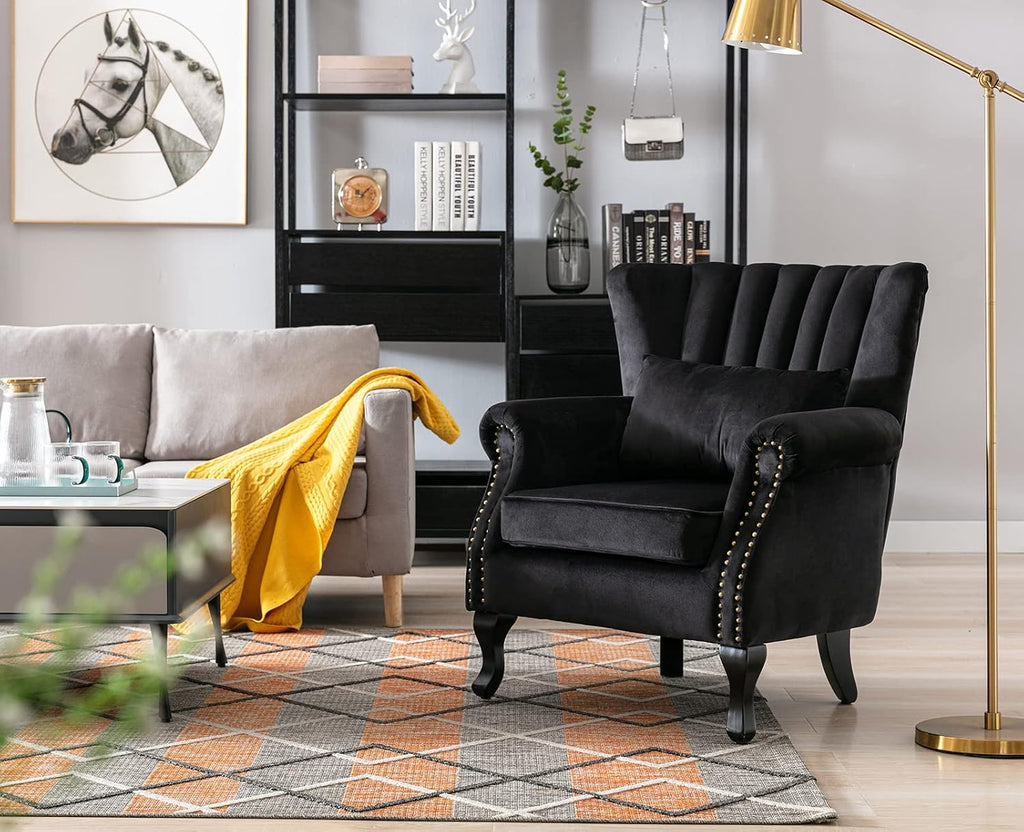 Kmax Black Accent Chair Velvet Wingback Chair with Pillow Nail-Head Channel Tufted Oversized Club Chair for Living Room Bedroom Guest Room