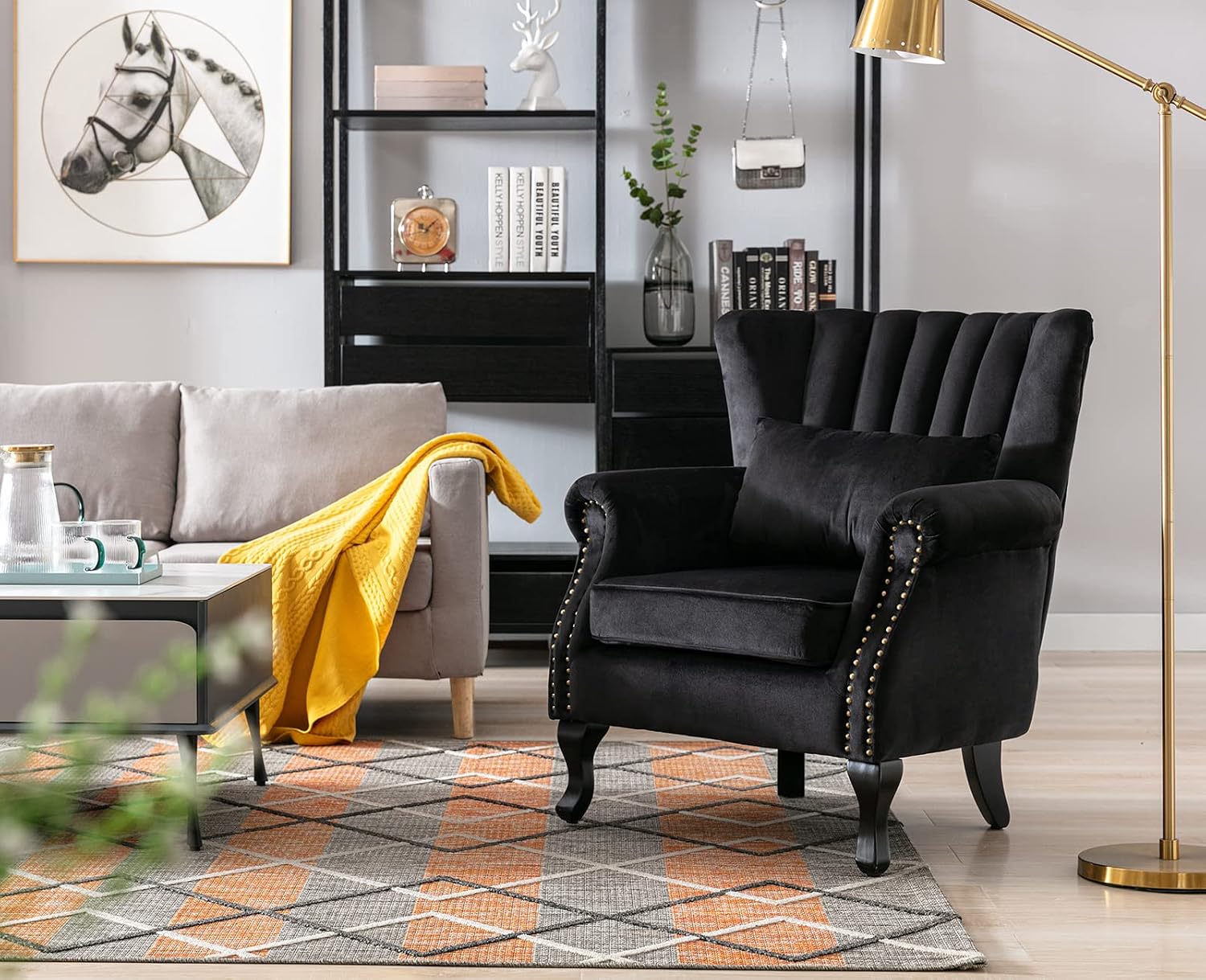 Kmax Black Accent Chair Velvet Wingback Chair with Pillow Nail-Head Channel Tufted Oversized Club Chair for Living Room Bedroom Guest Room