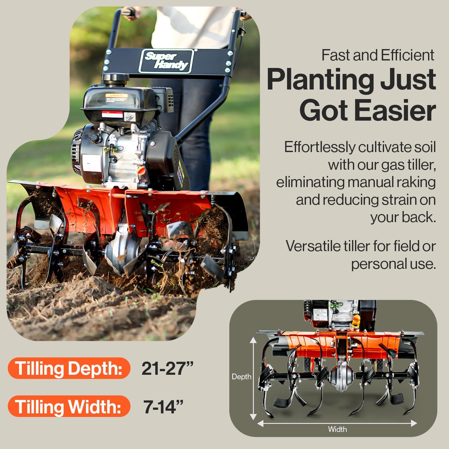 SuperHandy RotoTiller Cultivator 27' Inch Tilling Width 7HP 209cc 4 Stroke Gas Motor 6 Premium Steel Adjustable Forward Rotating Tines for Garden & Lawn, Digging, Weed Removal