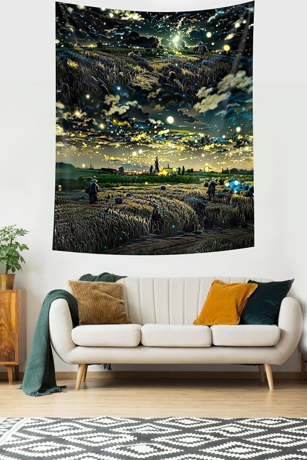Tapestry Wall Hanging Wheat Field Theme Stain Resistant Fabric 50x37cm Decorative Wall Art Famous Painting Style Home Decor - Koyu Yeşil - Sarı, 55x91 inch