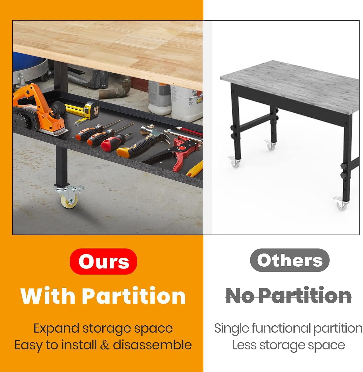 48'/60'' Adjustable Workbench, Rubber Wood Top Work Bench Heavy-Duty Work Table with Power Outlet, Wheels, Partition 2000 LBS Load Capacity Hardwood Work Benches for Garage, Workshop, Home, Office