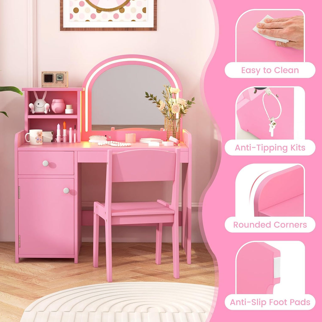 INFANS Kids Vanity, Princess Makeup Desk and Chair Set with Lights Mirror Drawer Storage Shelves, Wooden Dressing Table, Pretend Play Vanity Set for Girls